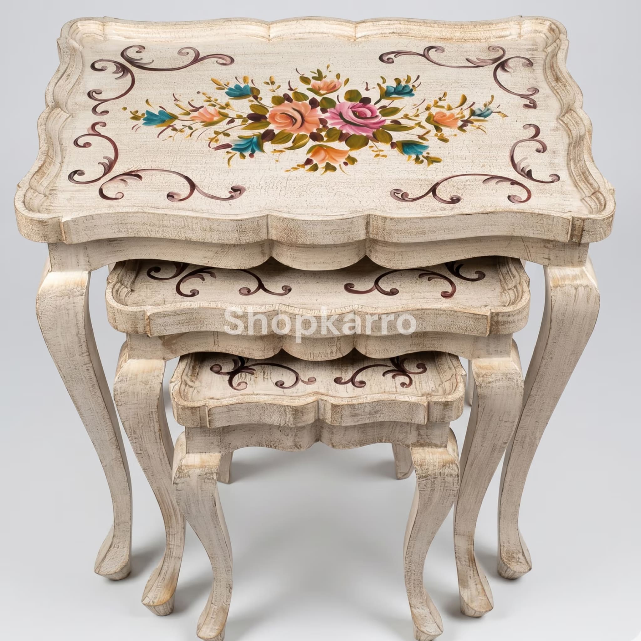 Antique white nesting tables set of 3 with hand-painted floral bouquet design and carved cabriole legs