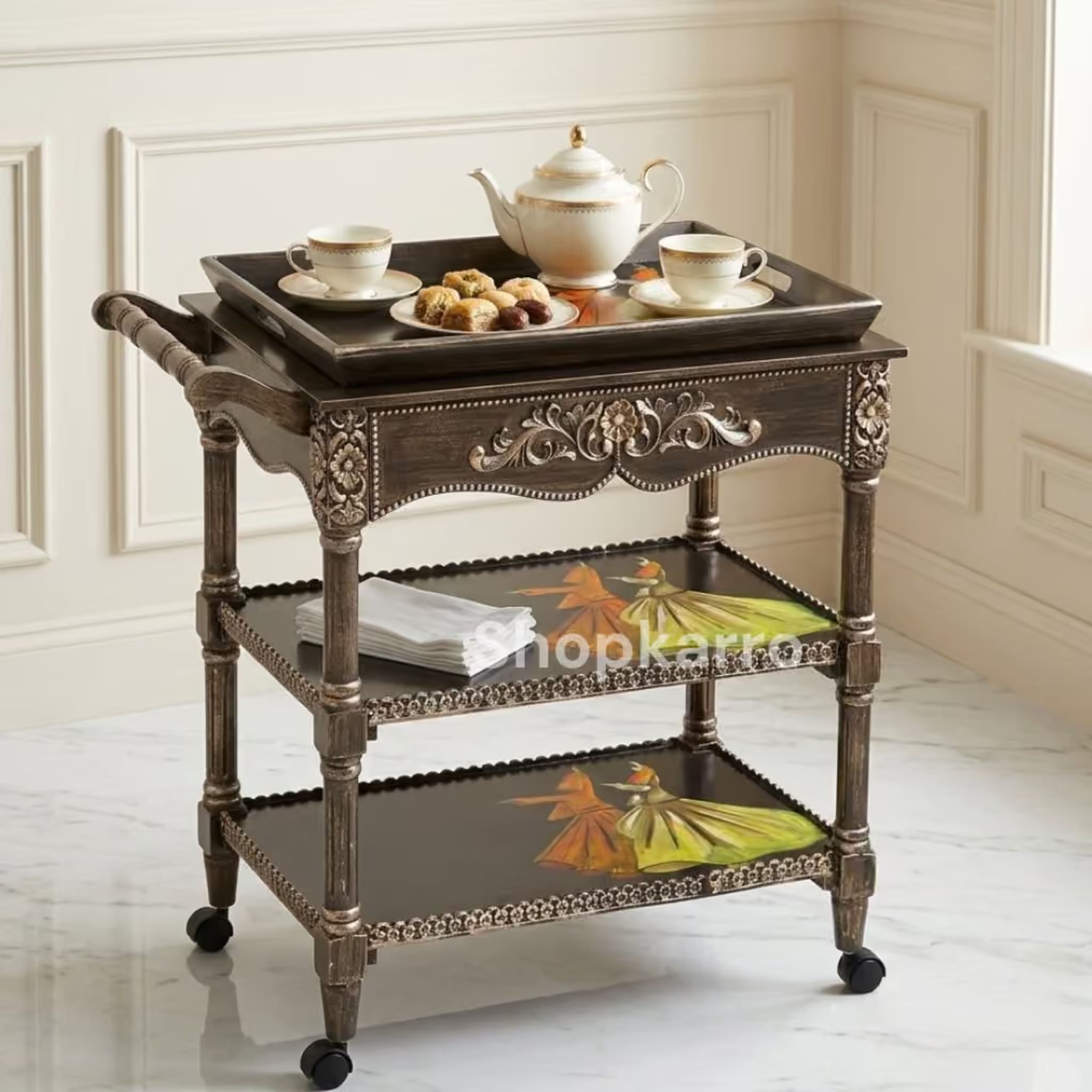 Rumi's Grace Wooden Tea Trolley – Removable Tray