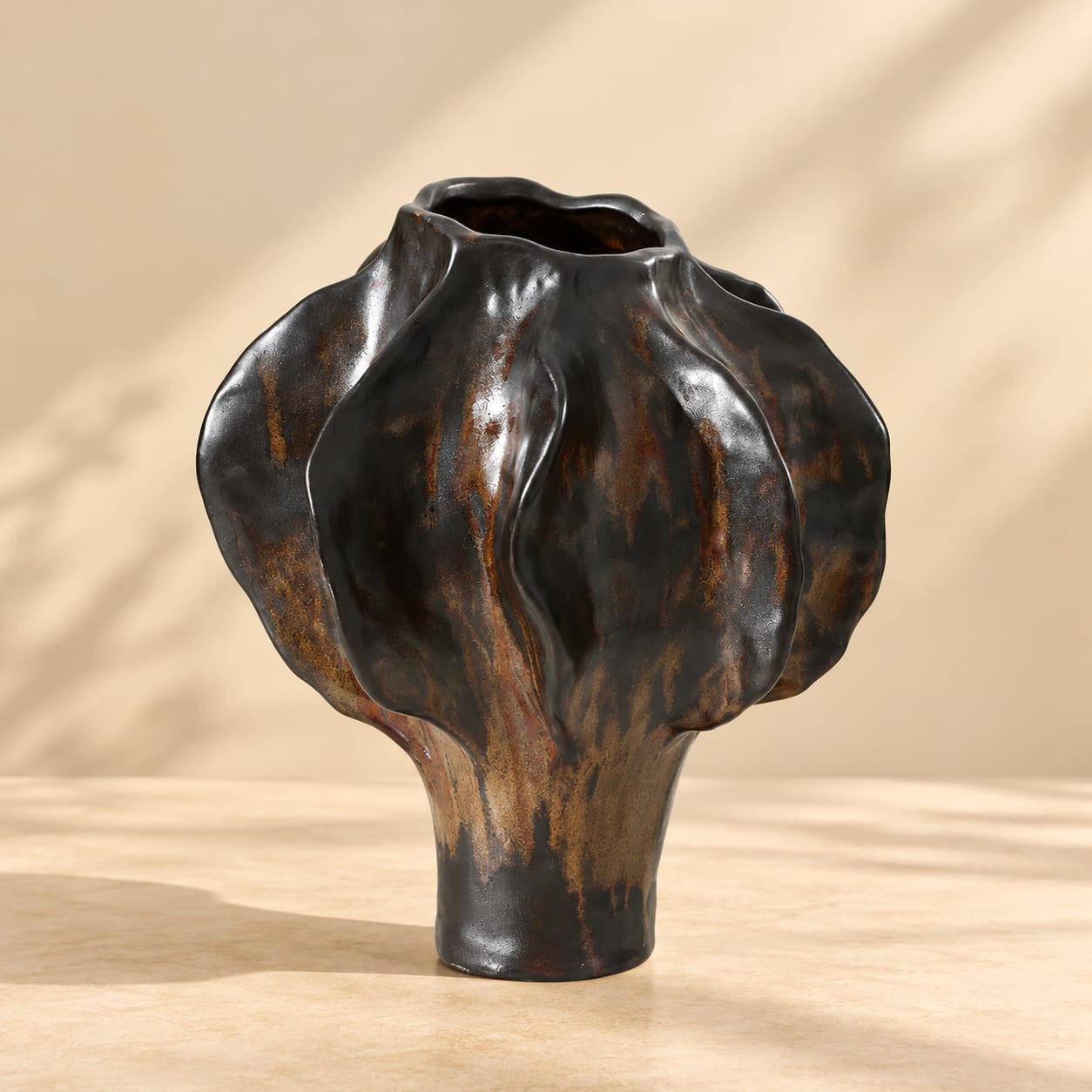 Black and Bronze Sculptural Ceramic Vase