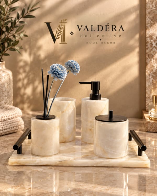 White Natural Stone Five-Piece Bathroom Set with Black Tray