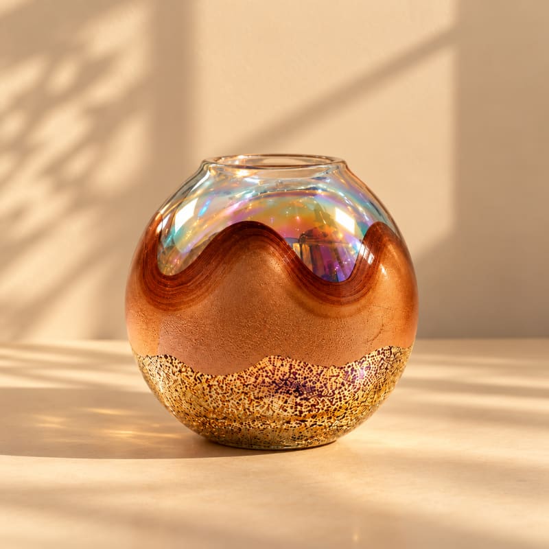 Large copper foil globe glass vase with iridescent finish