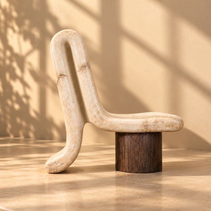 Sculptural stone resin accent chair with wooden base