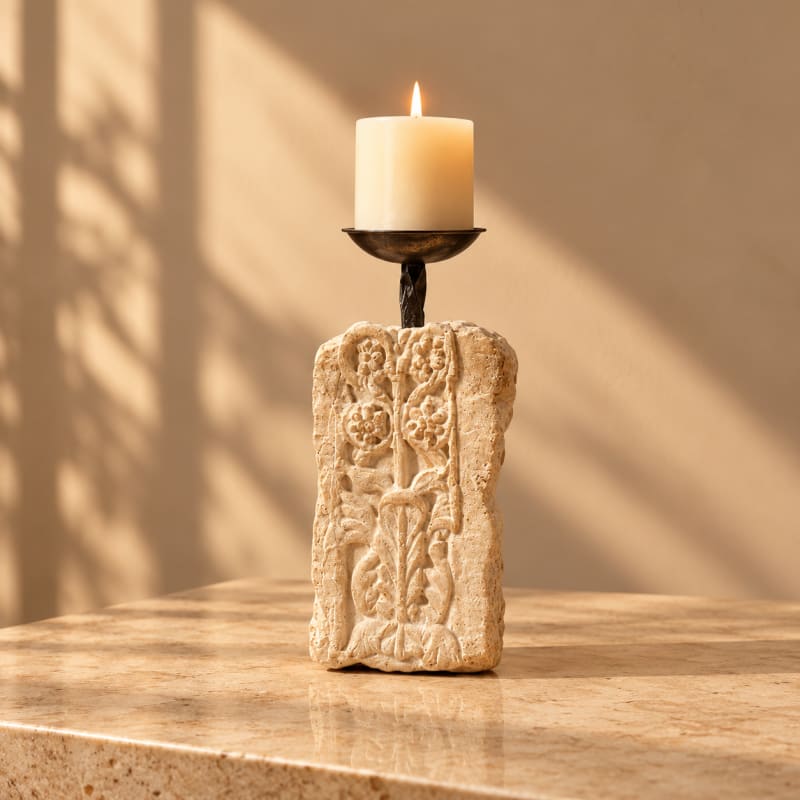 Carved stone resin pillar candle holder with black cup