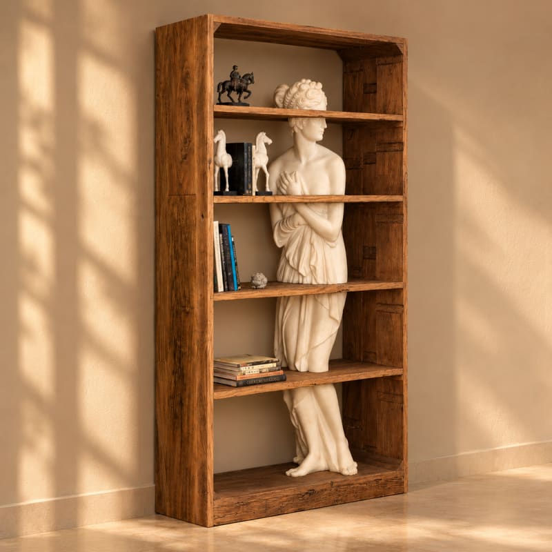 Venus statue reclaimed wood bookshelf