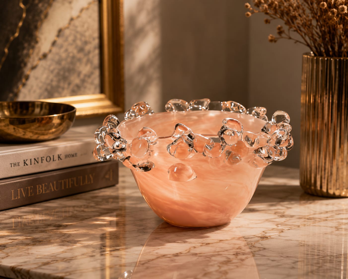 Pink handmade glass bowl with crystal ruffle rim