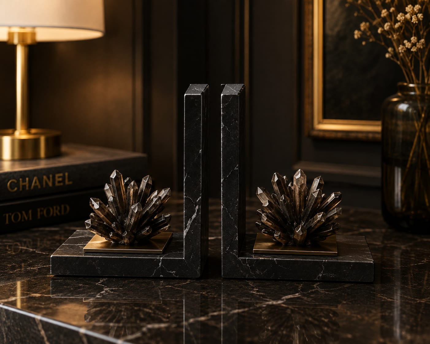Crystal cluster and black stone bookends for wedding gifting