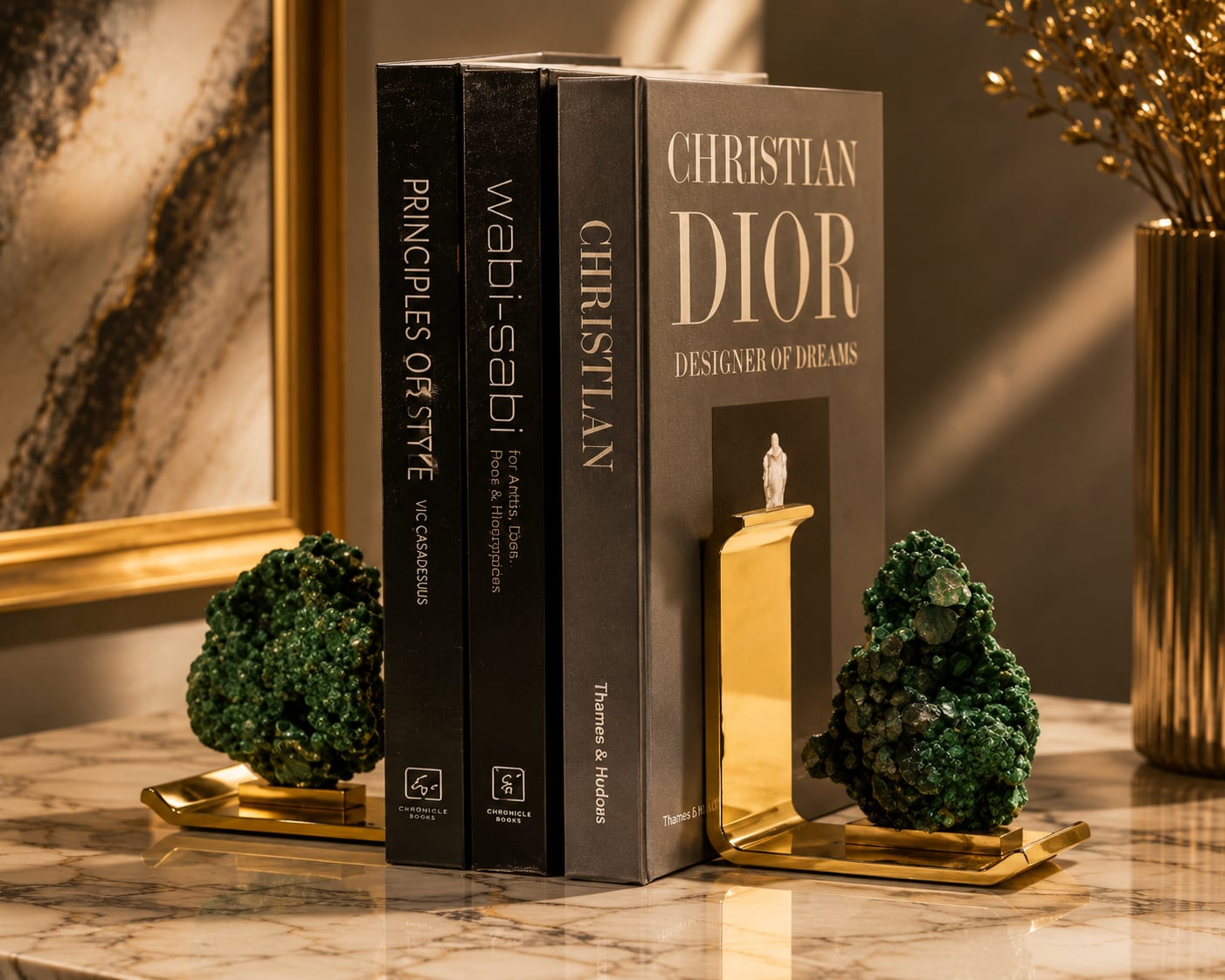 Malachite and gold sculptural bookends for real estate gifting