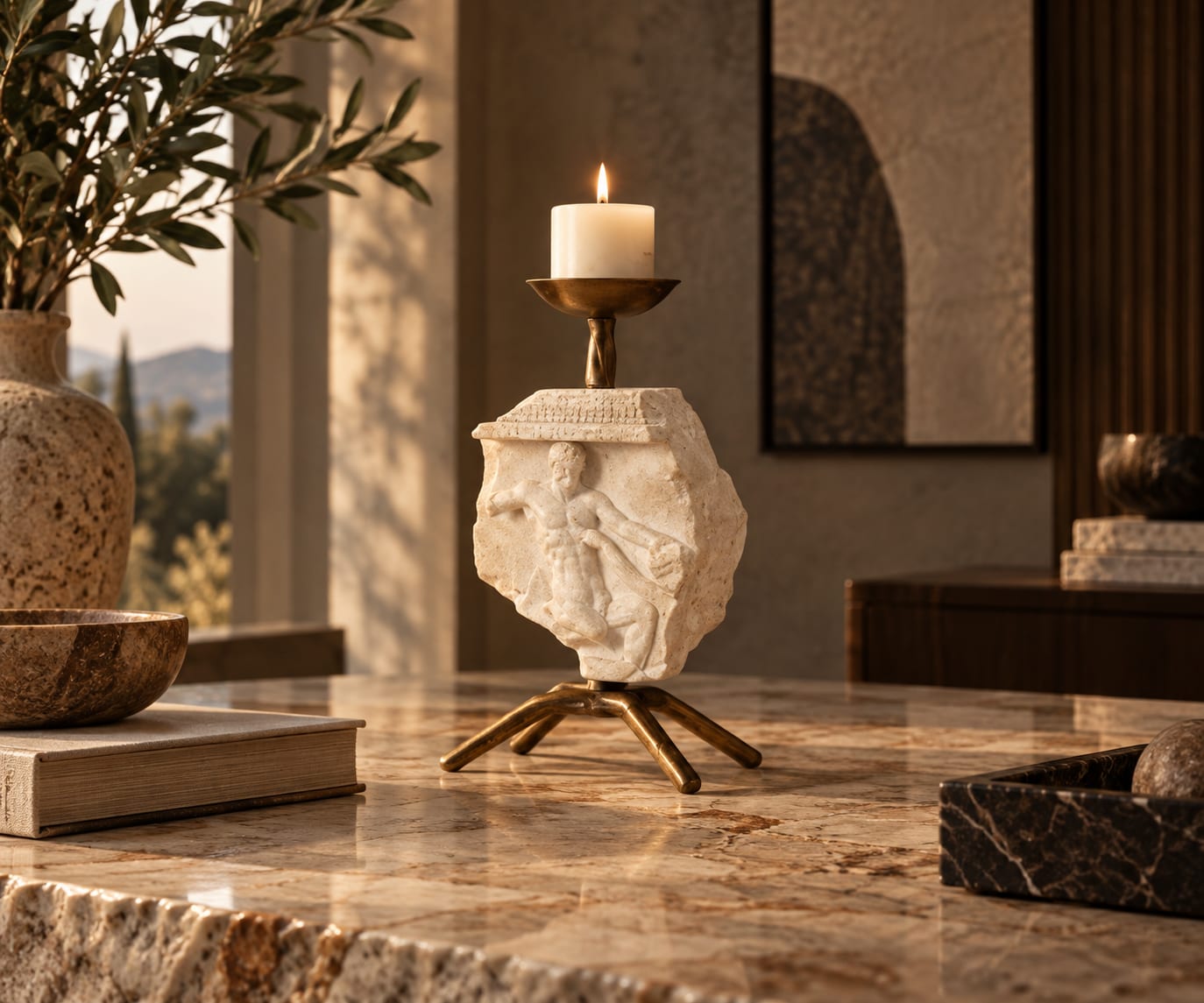 Tall carved stone pillar candle holder