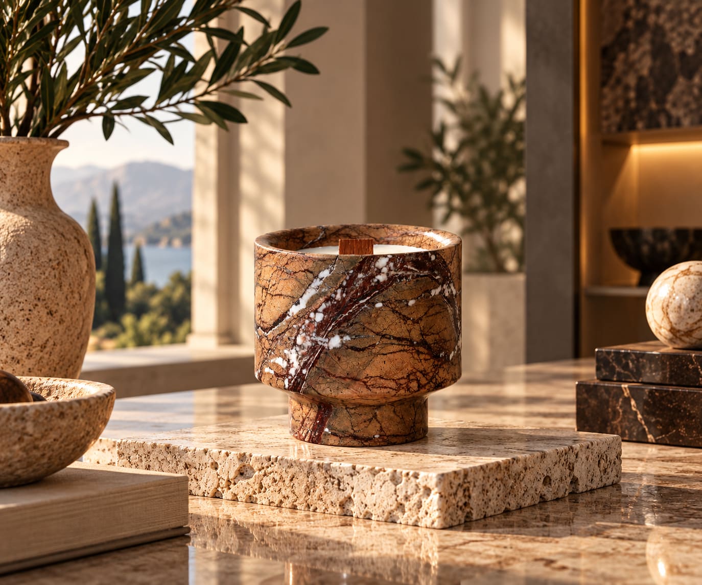 Marbled stone candle votive set grouped together