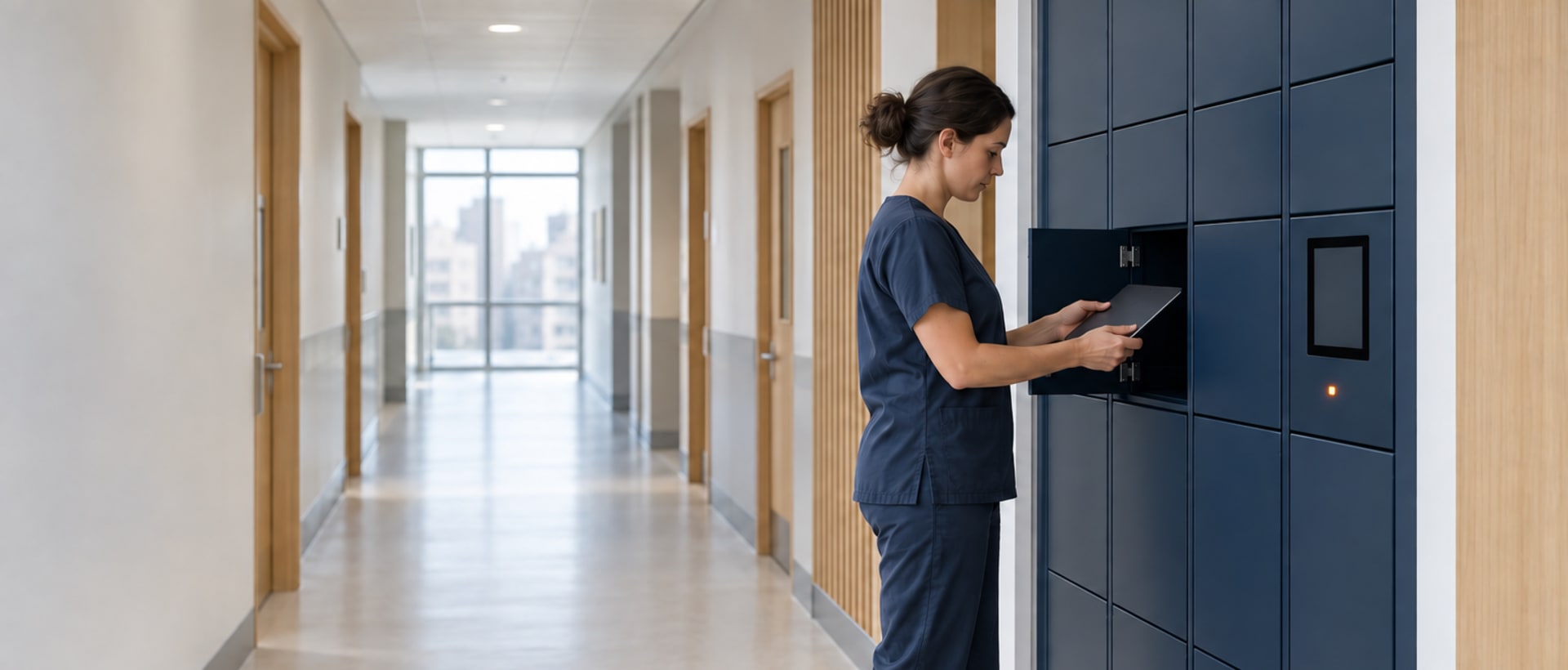 A nurse in scrubs collecting a device from a smart locker bank in a hospital corridor