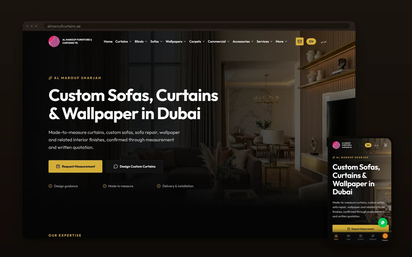 The Al Marouf Curtains homepage on desktop and mobile, with the headline 'Custom Sofas, Curtains and Wallpaper in Dubai' over a dark furnished interior, and an English and Arabic language switch in the header