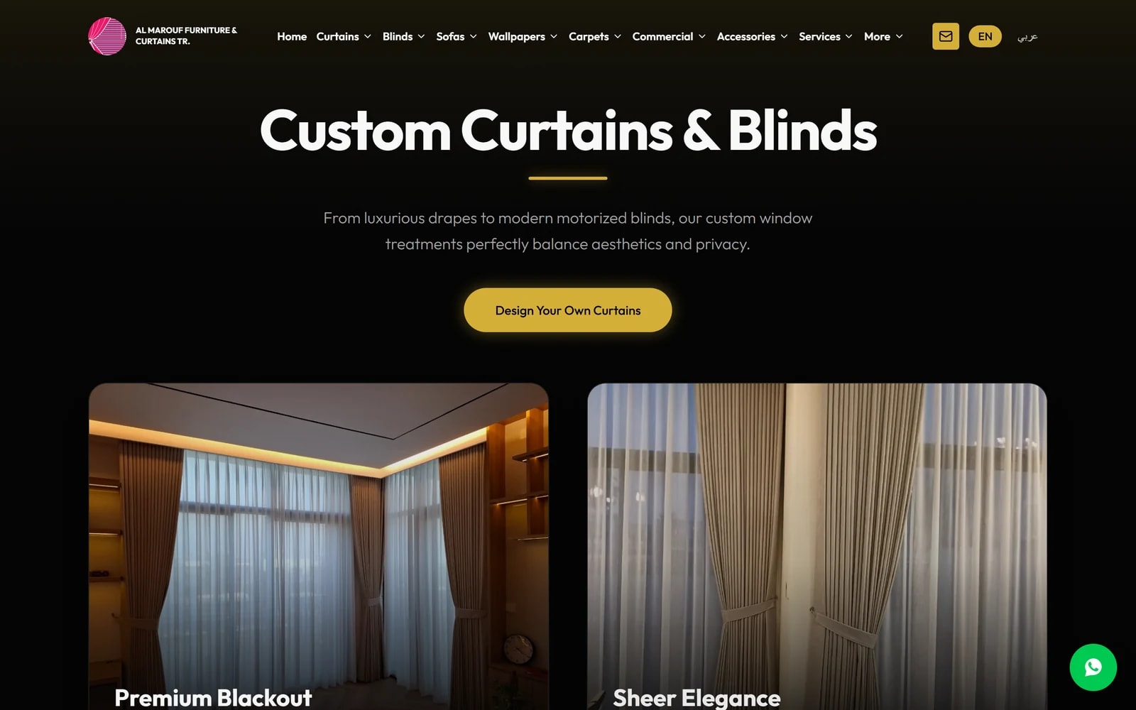 The Al Marouf Curtains category page for curtains, listing made-to-measure products with images and descriptions