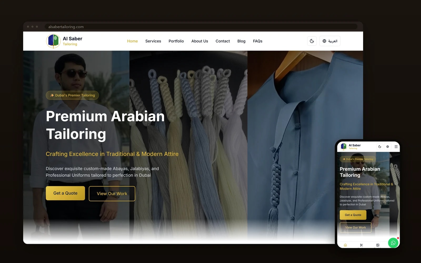 The Al Saber Tailoring homepage on desktop and mobile, with the headline 'Premium Arabian Tailoring' over photographs of tailored garments and fabric tassels