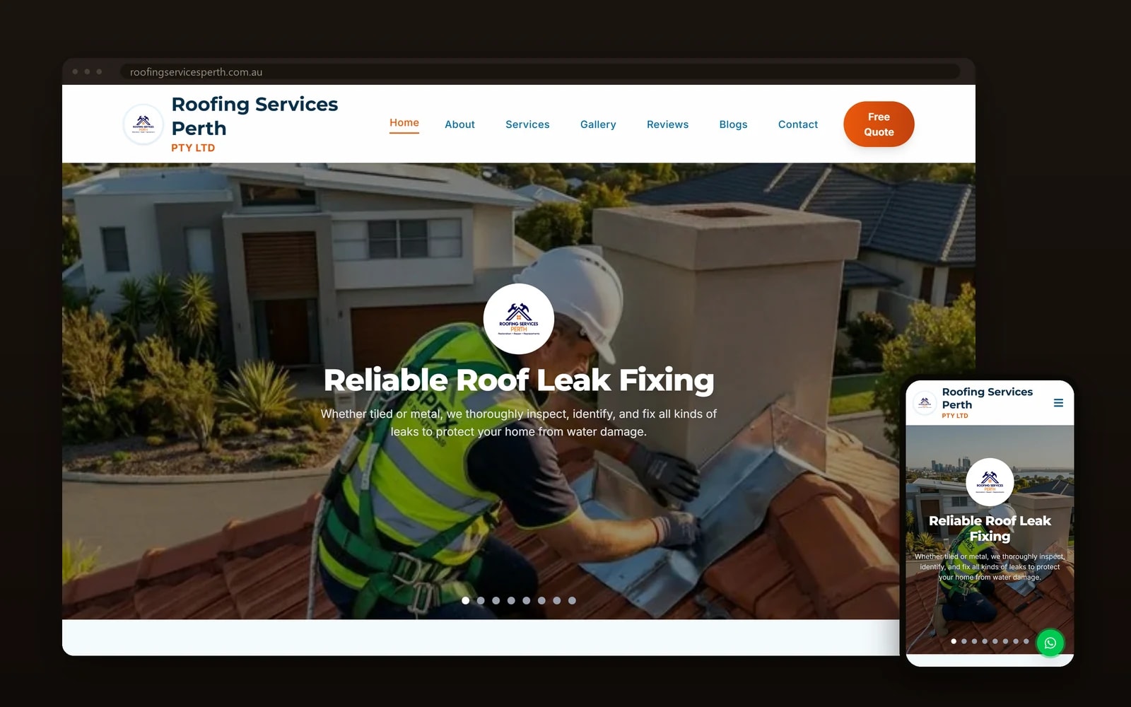 The Roofing Services Perth homepage on desktop and mobile, showing a roofer sealing chimney flashing above the headline 'Reliable Roof Leak Fixing'