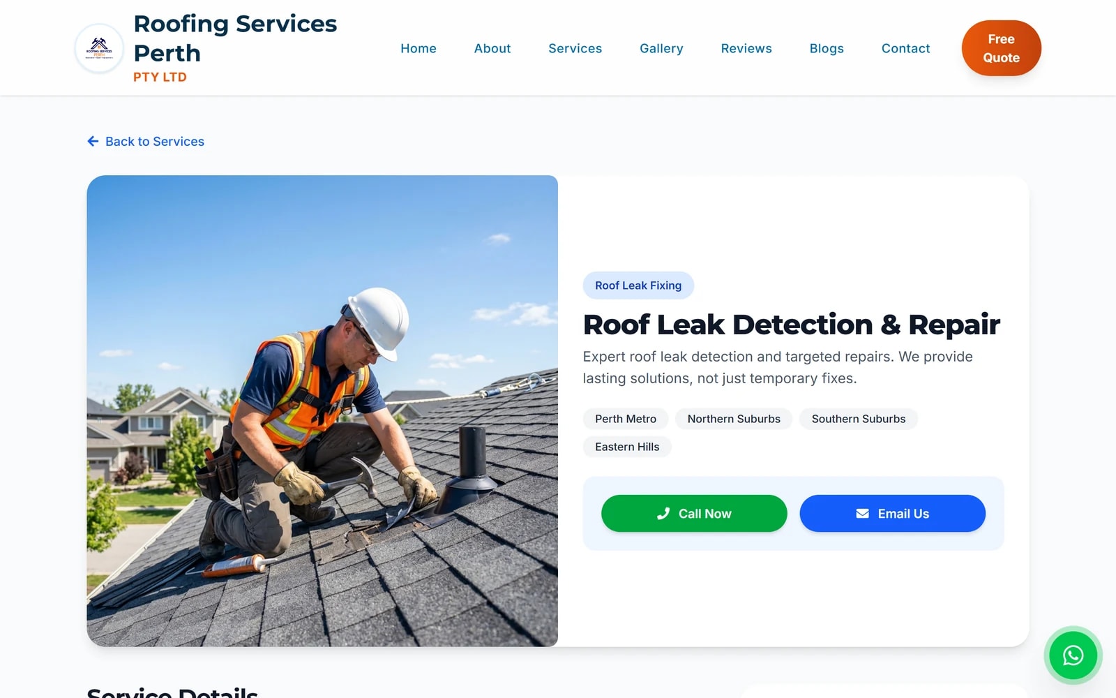 The Roofing Services Perth page for roof leak repair, with a photograph of a roofer at work and the service description below