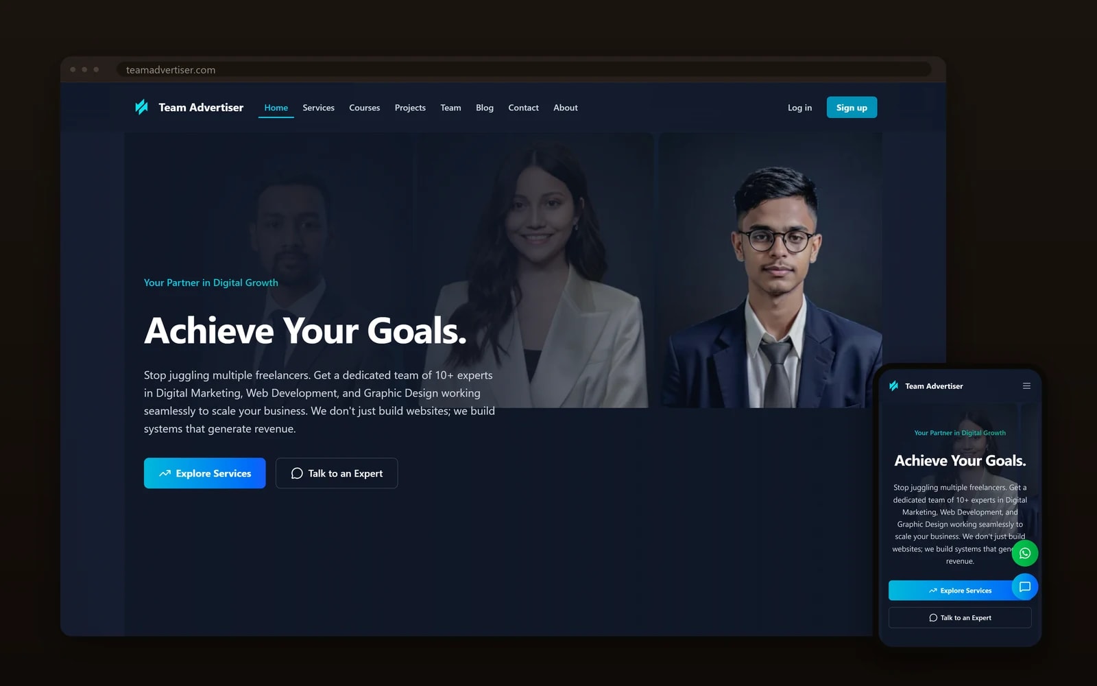 The TeamAdvertiser homepage on desktop and mobile, with the headline 'Achieve Your Goals.' beside portraits of three team members