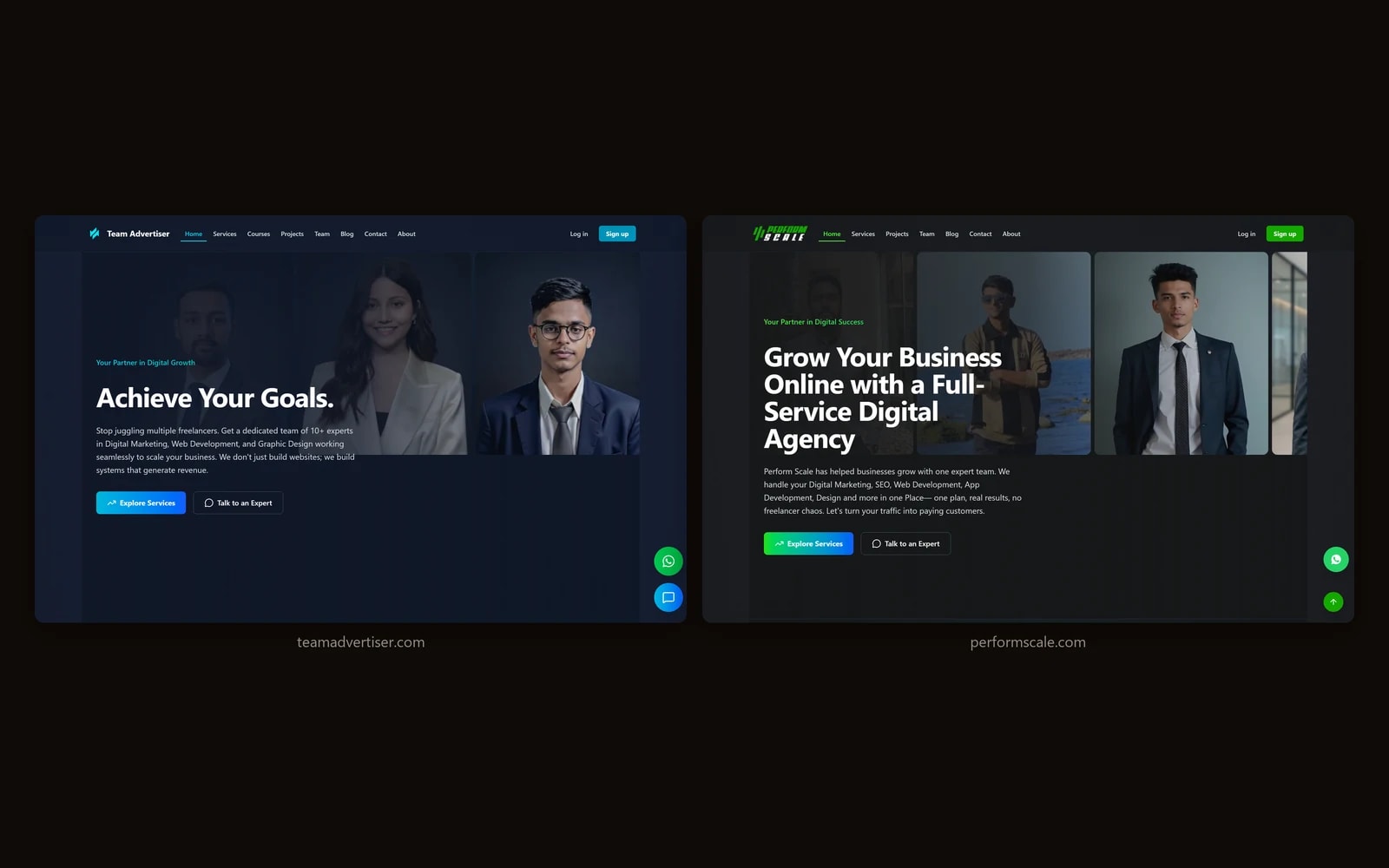 The TeamAdvertiser and Perform Scale homepages side by side, showing the same navigation, the same sign-in and sign-up controls and the same pair of call-to-action buttons under two different brands