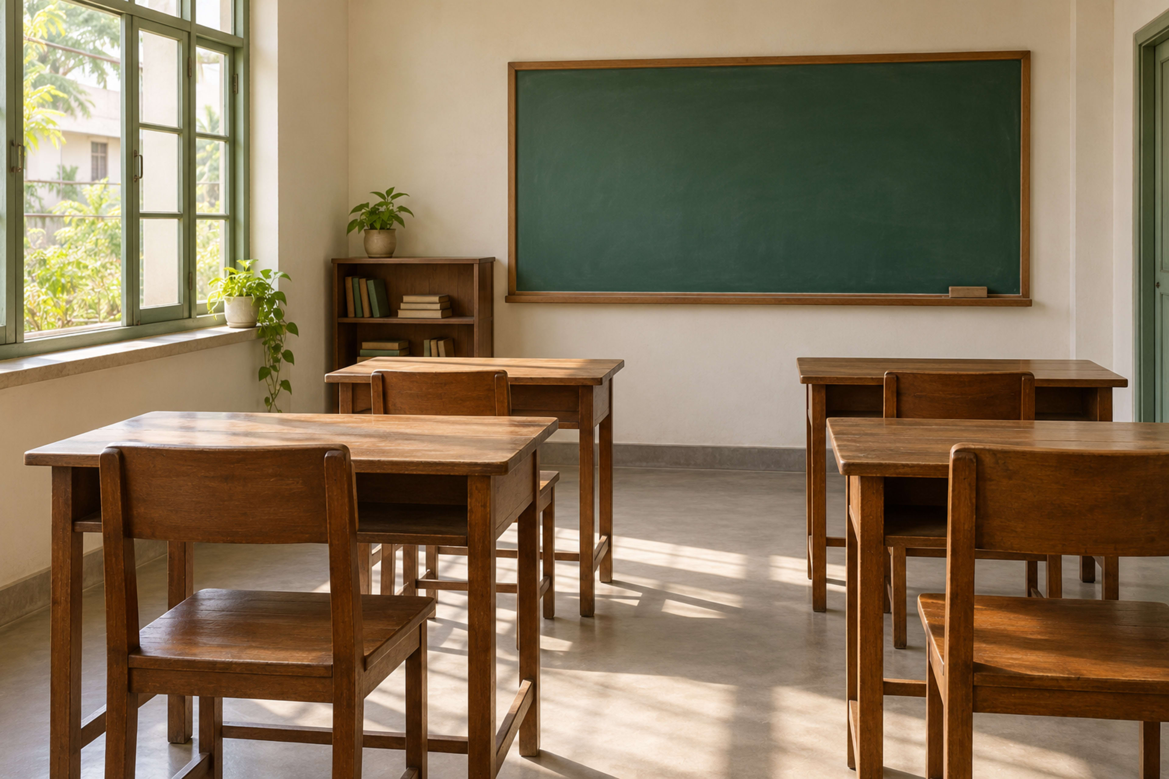 AI-generated classroom for an invented small school