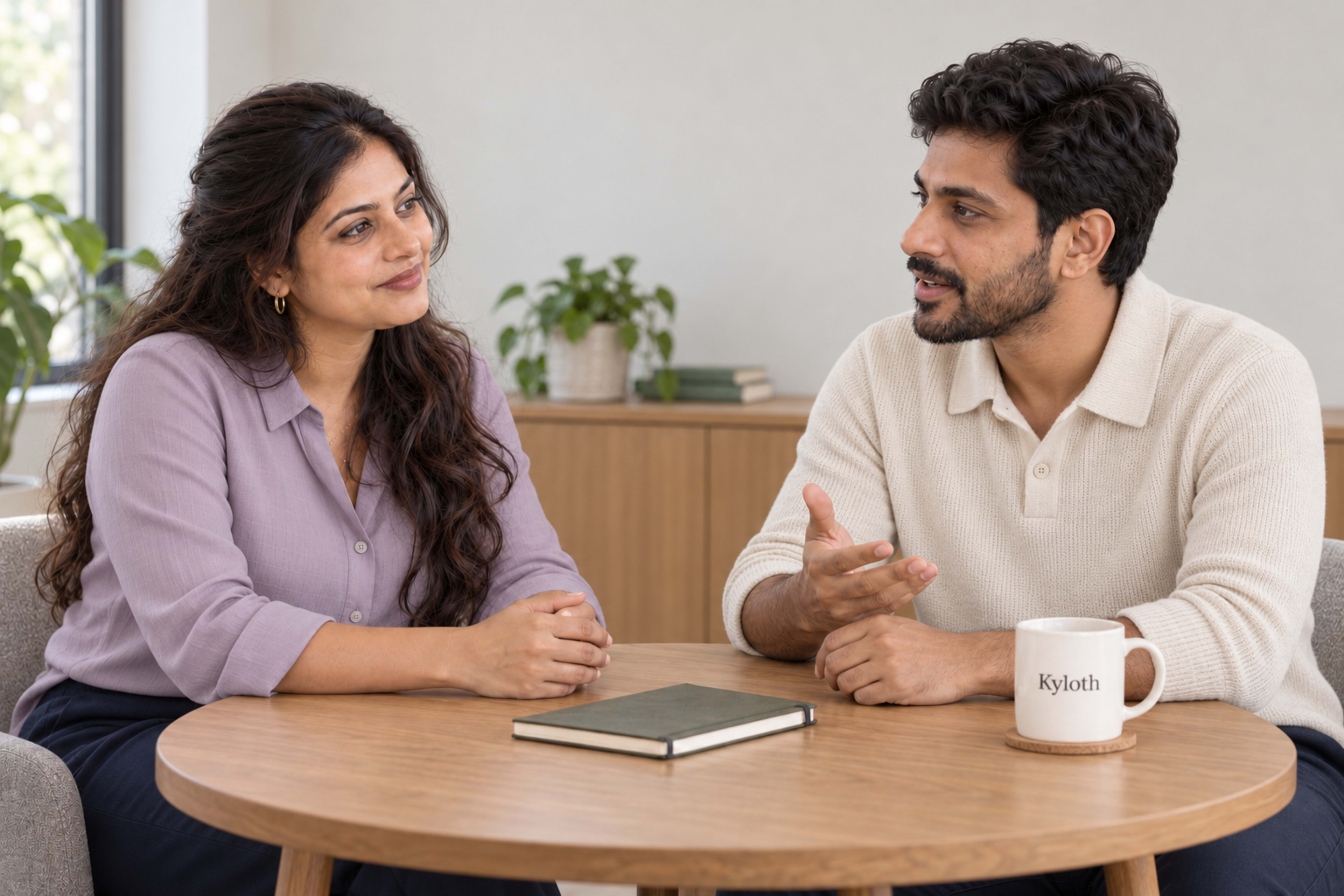 Two people having an attentive conversation across a small round table.
