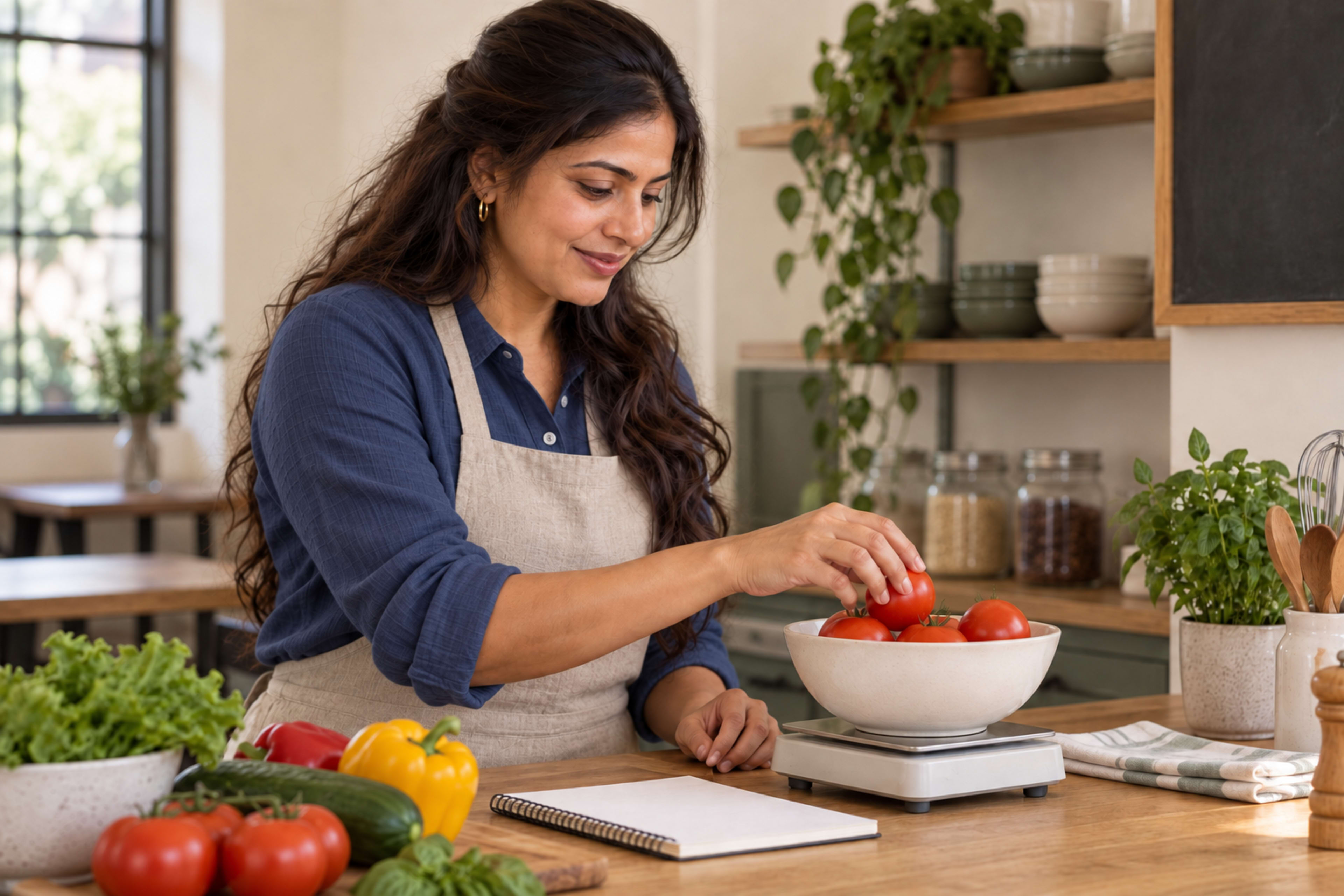A woman weighing tomatoes beside a notebook at a café preparation counter.