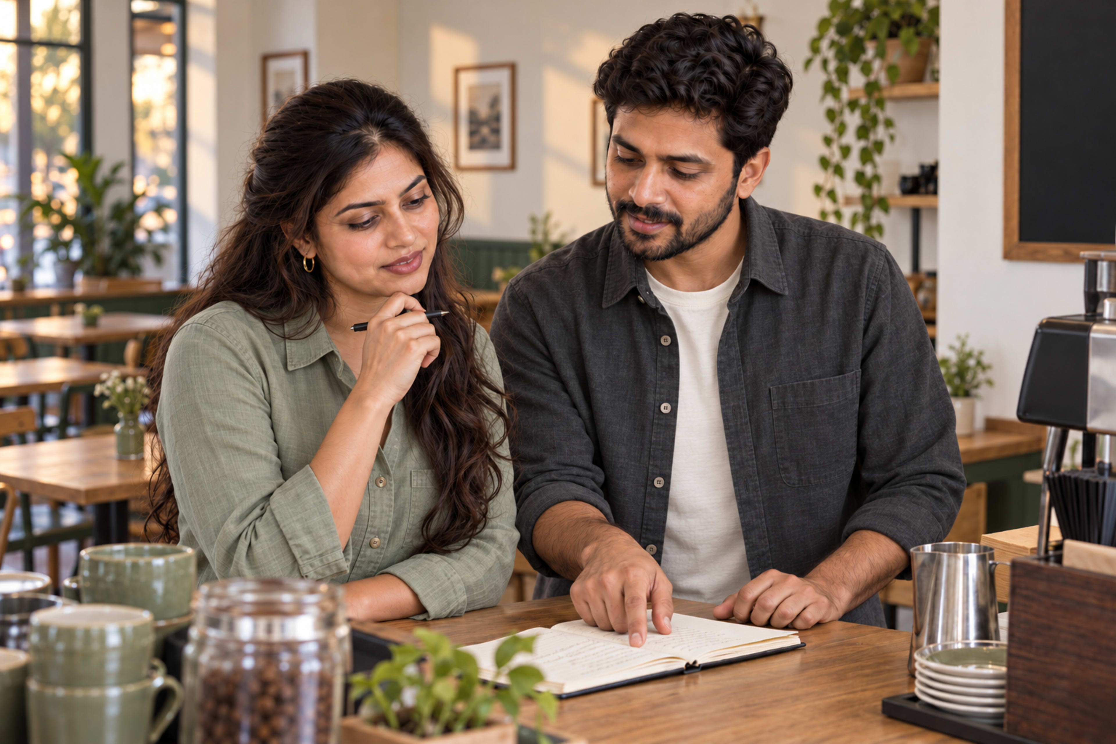 Two people reviewing a notebook during a café shift handover.