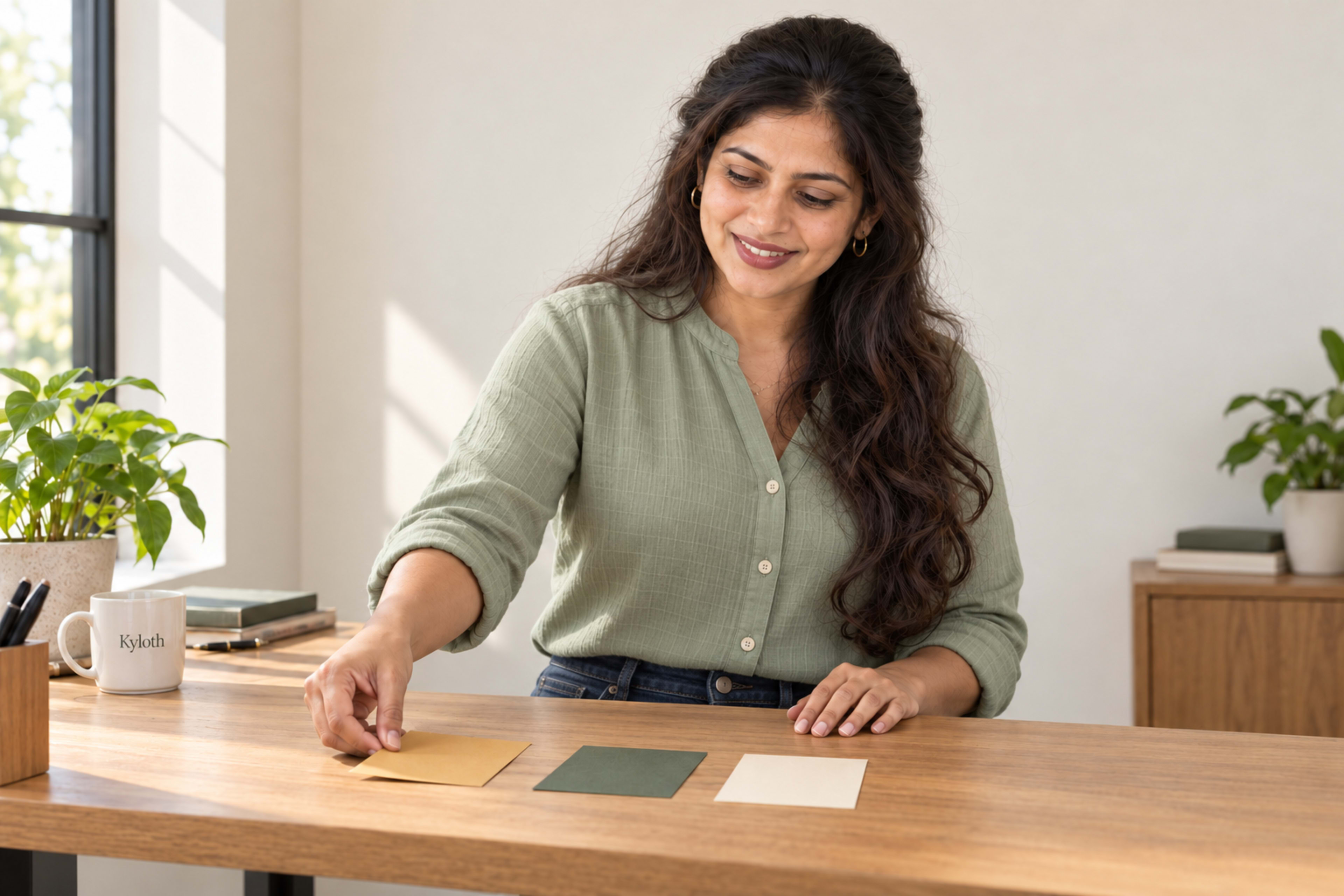 A woman arranging three coloured task cards at a workbench.