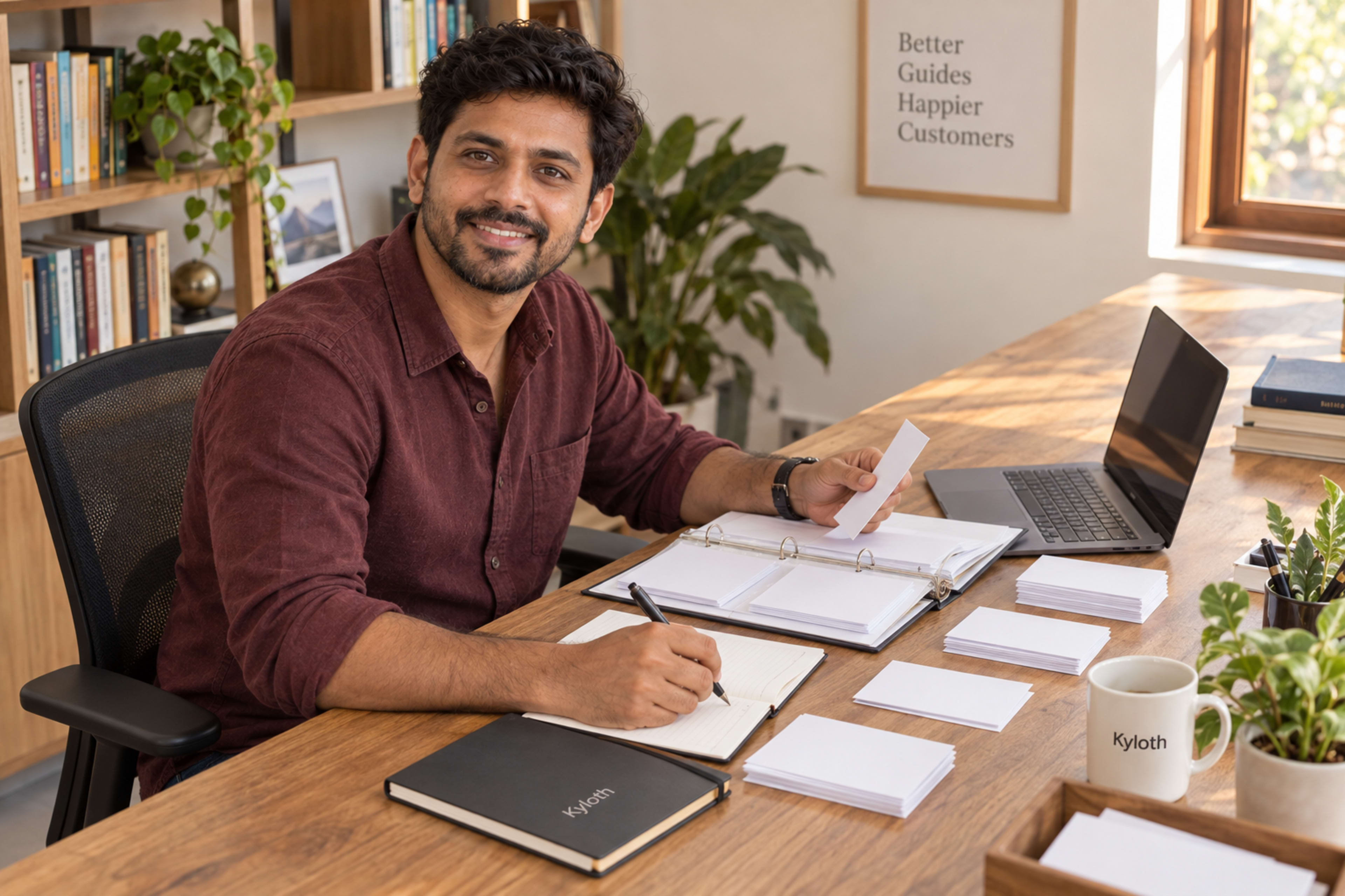 A man assembling a how-to guide with a notebook, printed cards and laptop at a studio table.
