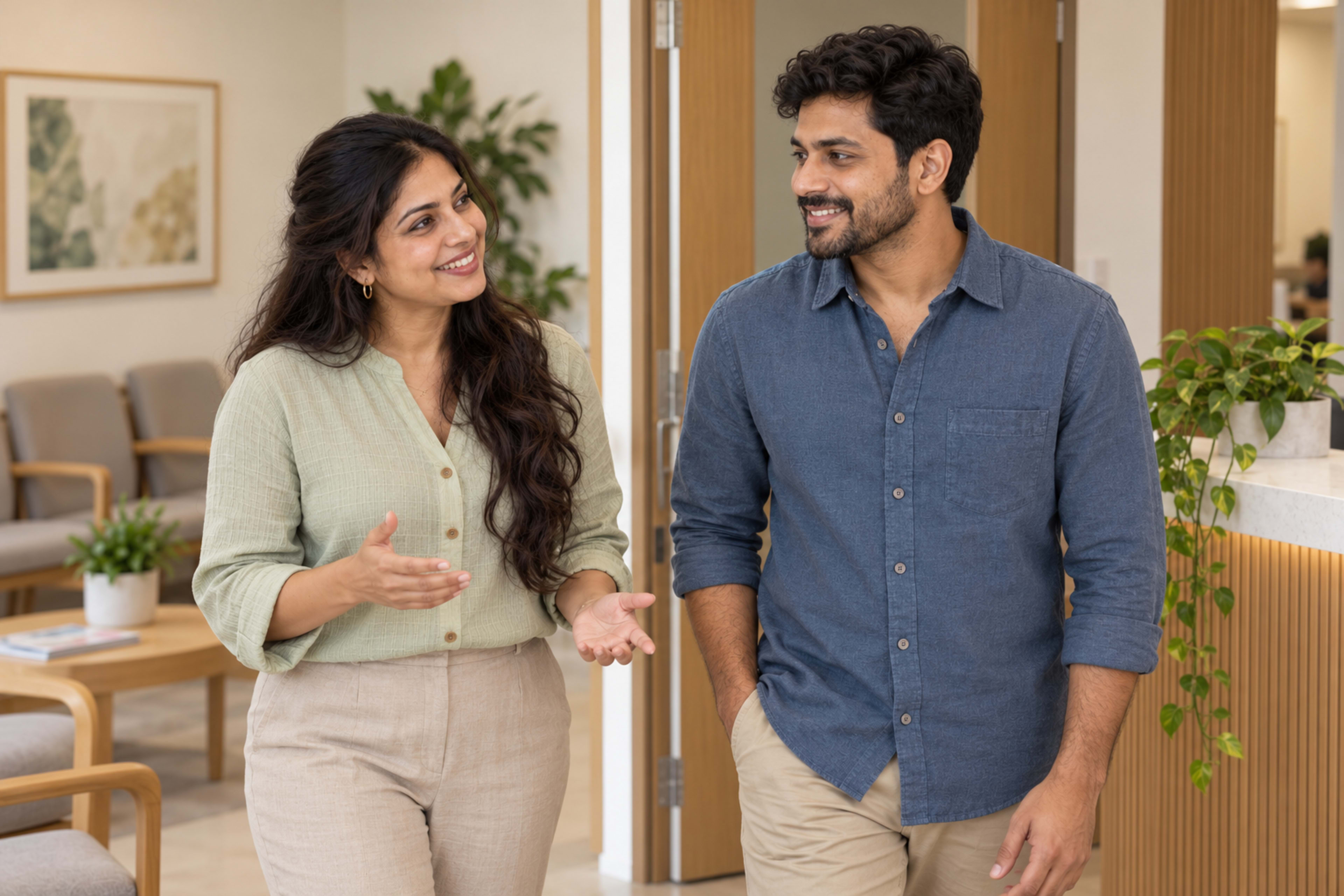 Two adults talking at the entrance to a clinic reception area.