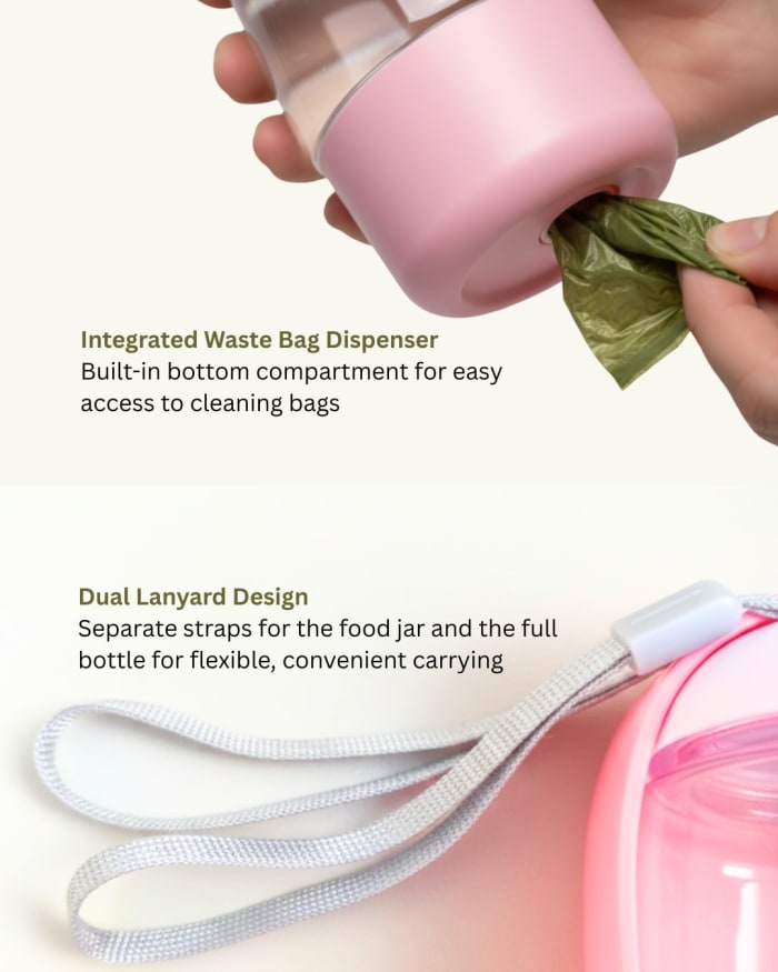 Portable Dog Water Bottle, 3-in-1 Leak Proof Travel Water Bottle with Food Container & Poop Bag Dispenser, 400ml view 2