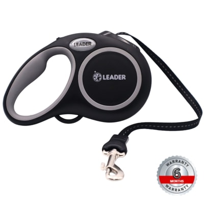 Leader - Black Retractable Dog Leash - L (5M Leash, One-Button Lock & Brake for Medium Dogs up to 50kg)