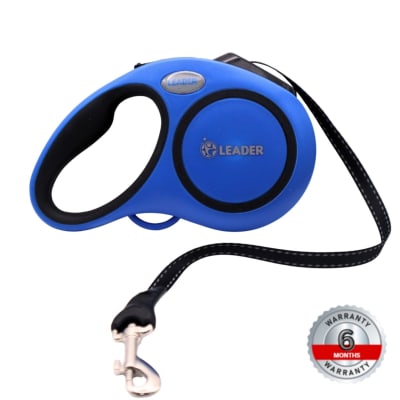 Leader - Blue Retractable Dog Leash - S (5M Leash, One-Button Lock & Brake for Puppies & Small Dogs up to 12kg) 