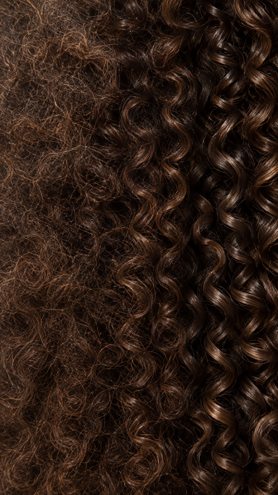 Undefined curls turning into defined, glossy curls