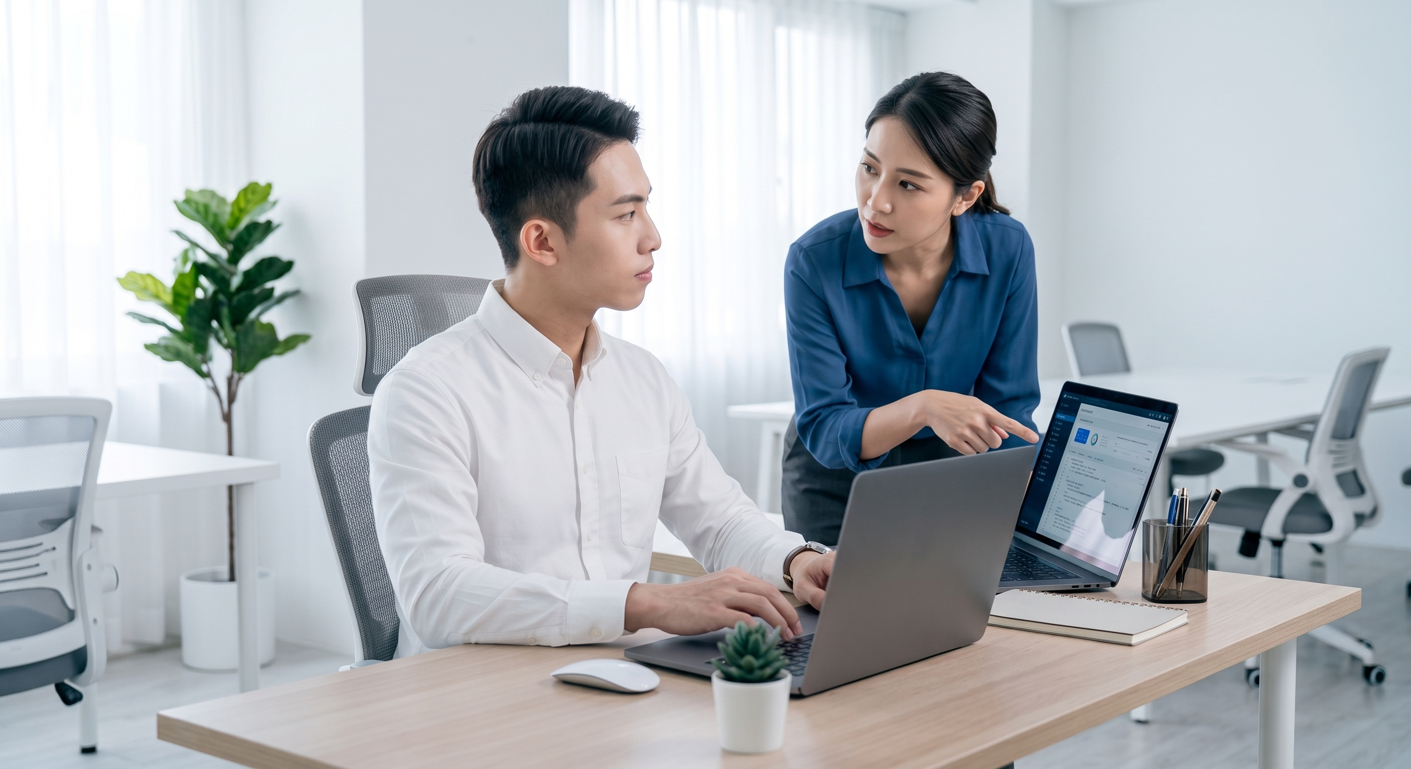 A businesswoman are pointing at a laptop screen while collaborating with a male colleague seated at a bright office desk.