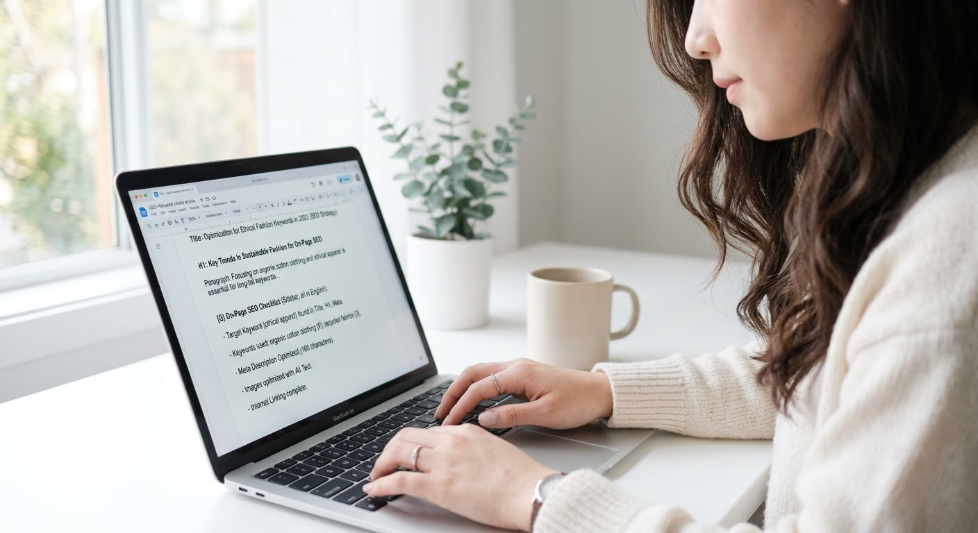 A woman typing on a laptop displaying an SEO content document at a bright desk by a window.