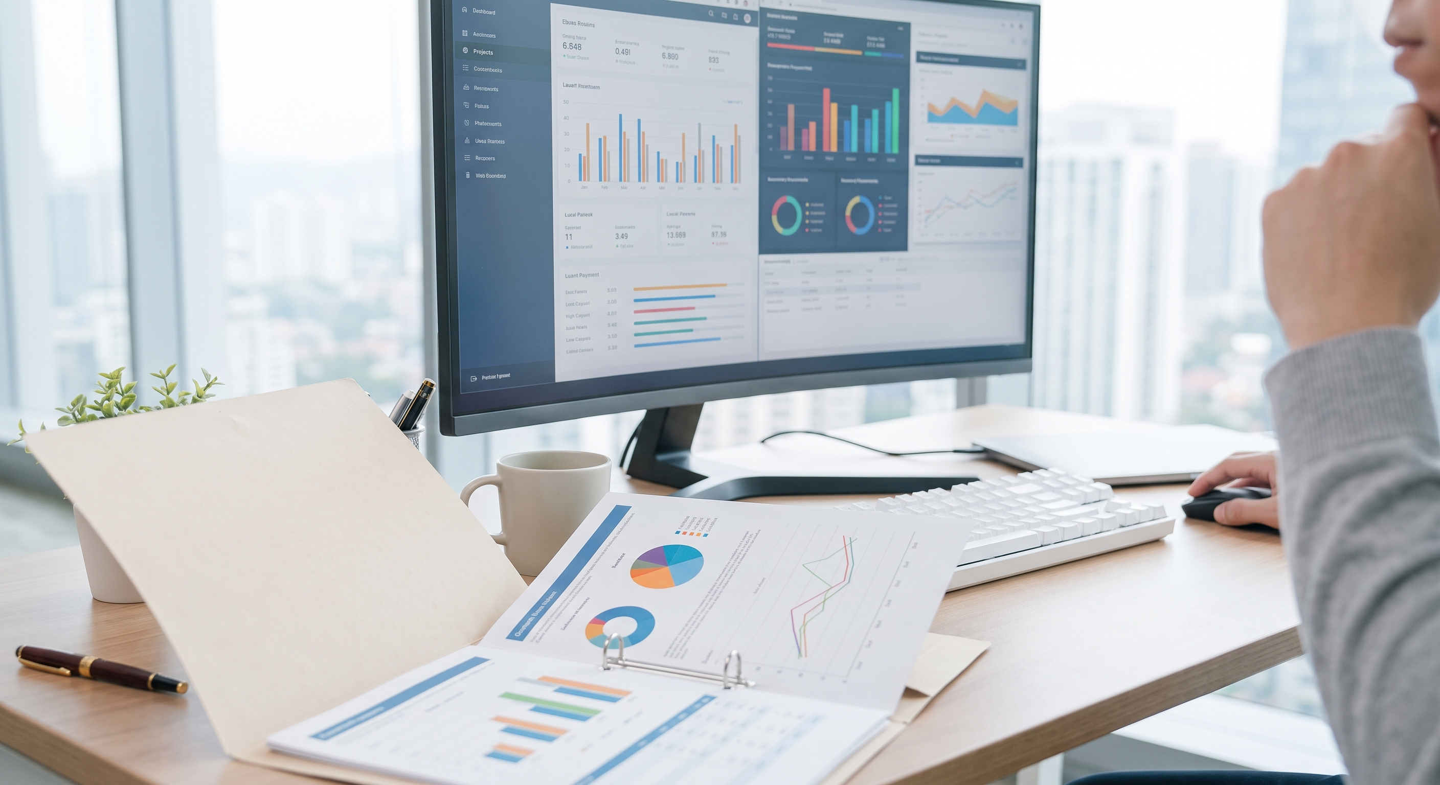 Person at an office desk analyzing paper reports with charts alongside a computer screen displaying a multi-chart data dashboard.