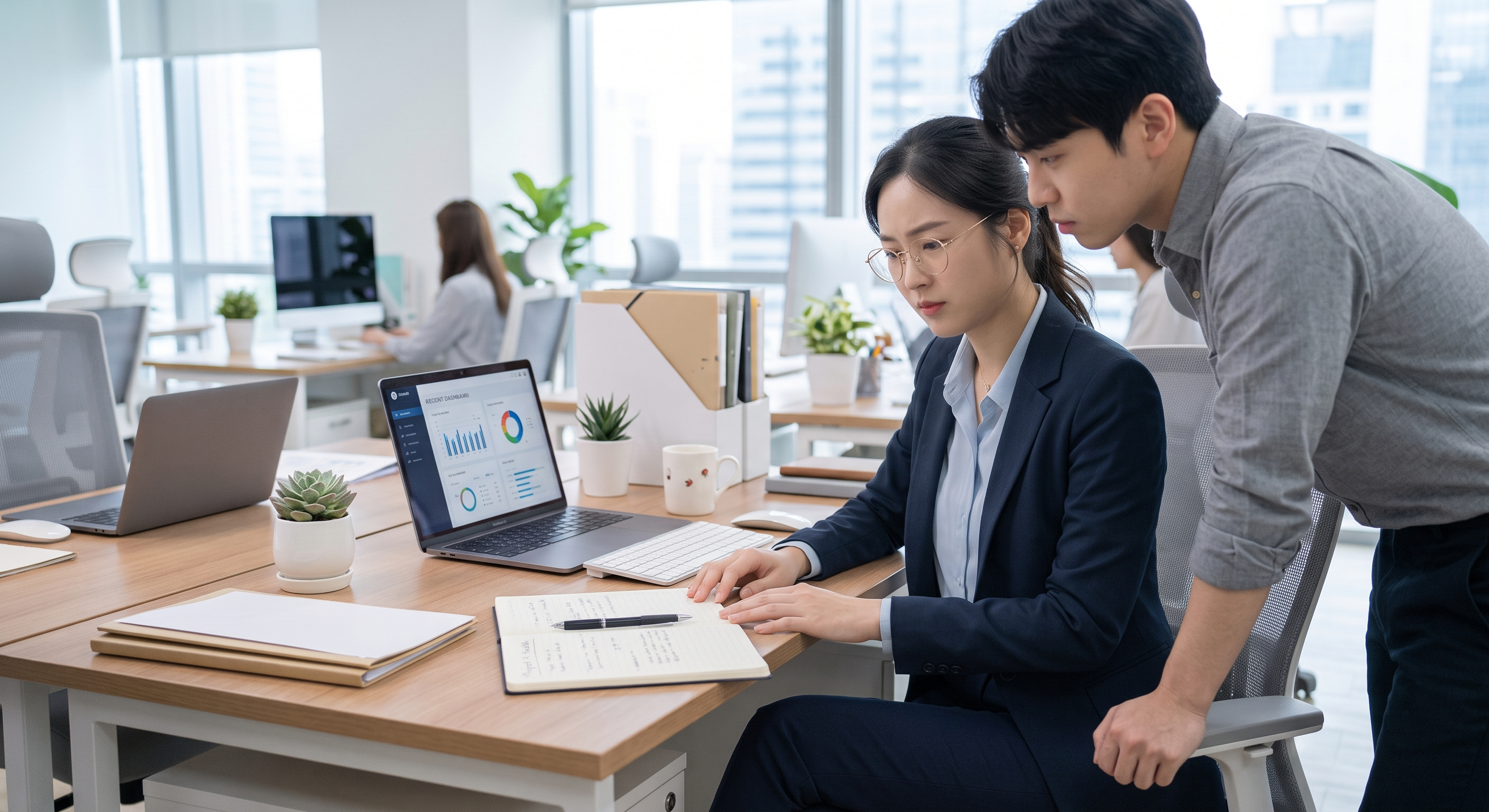 A businesswoman and a male colleague are reviewing notes and discussing them at their desks.