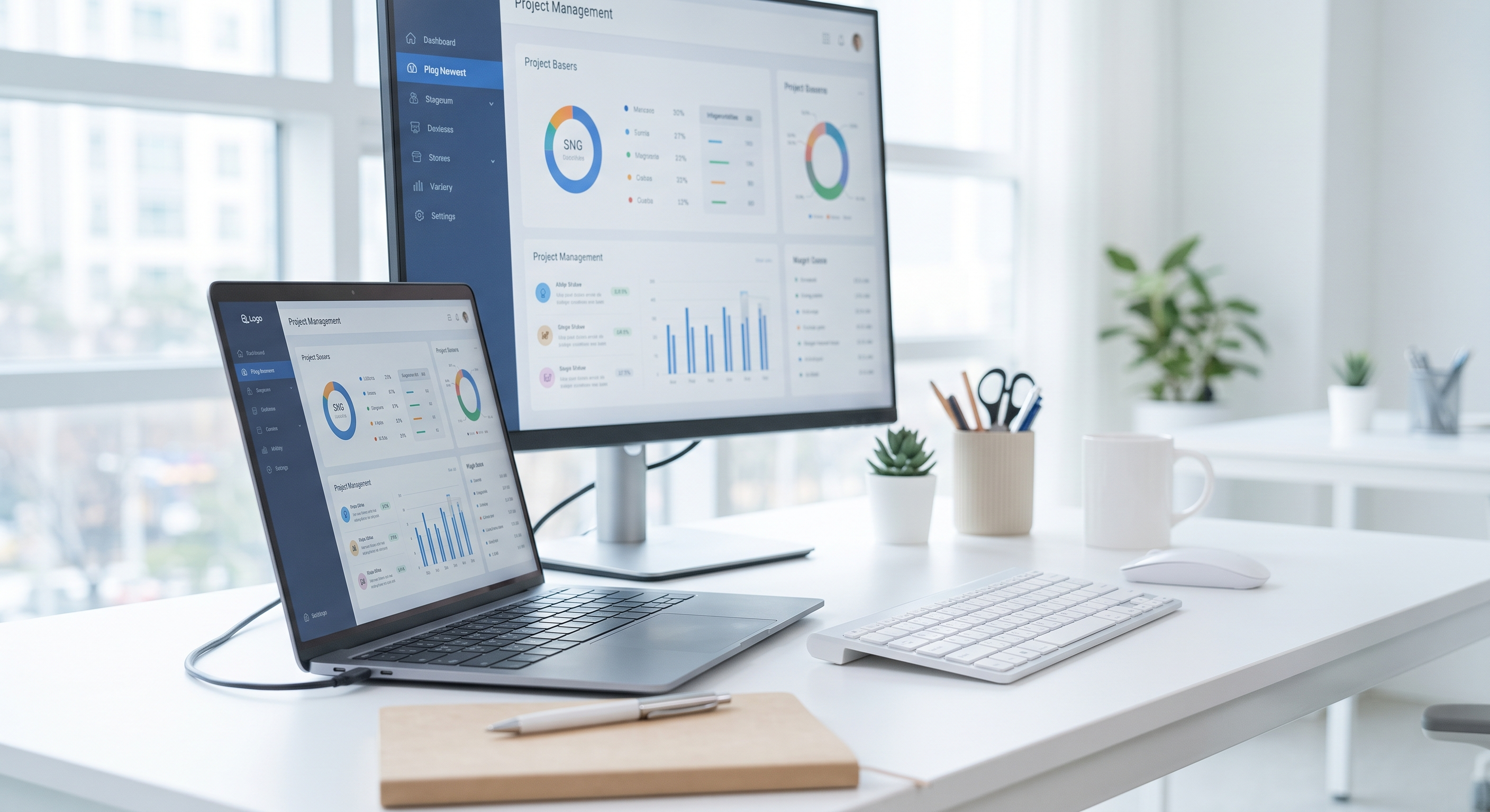 On a desk lay a paper report with analytical charts, and on a computer screen was a multi-chart data dashboard.