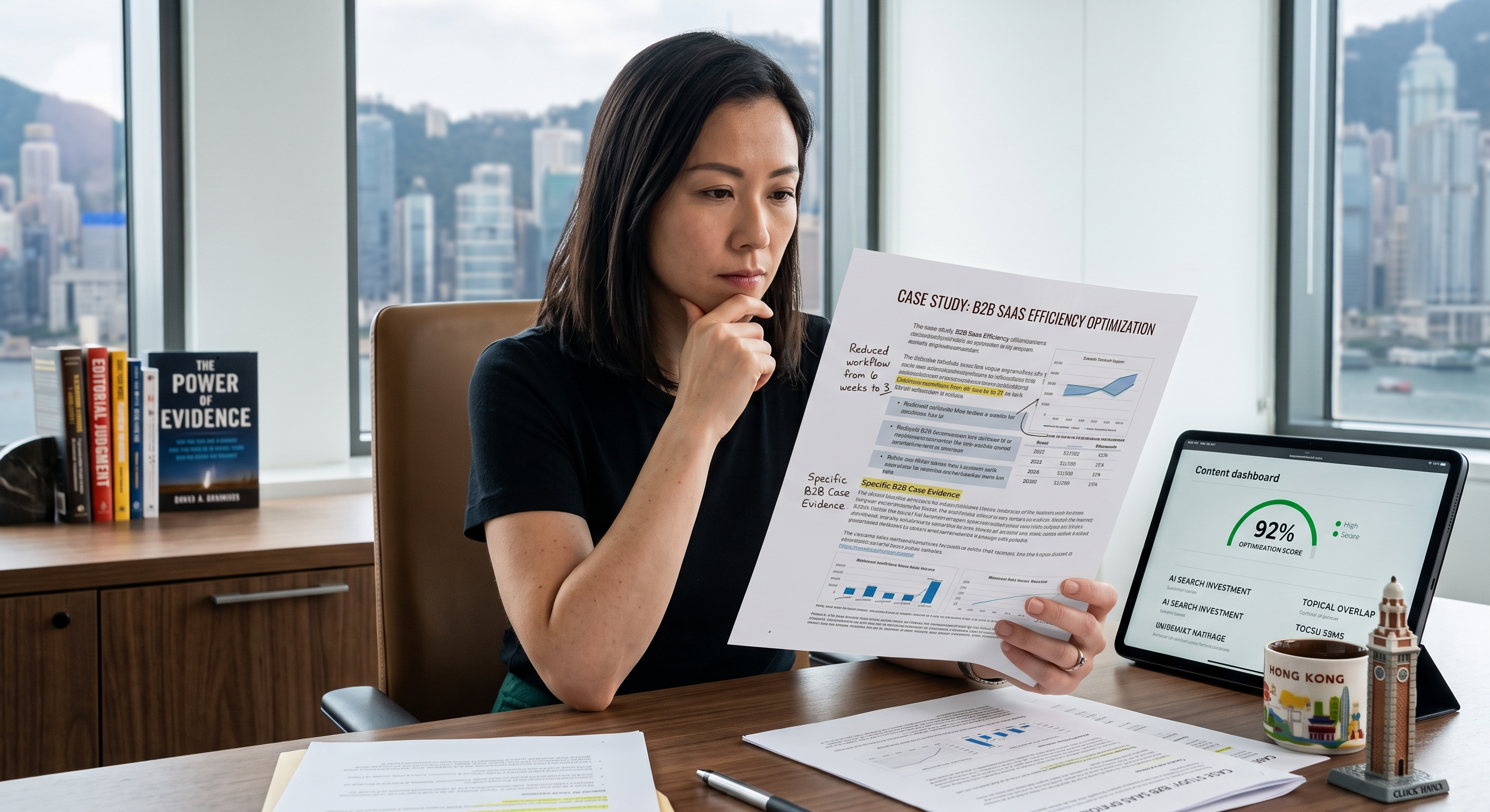 Woman reviewing a printed document at an office.