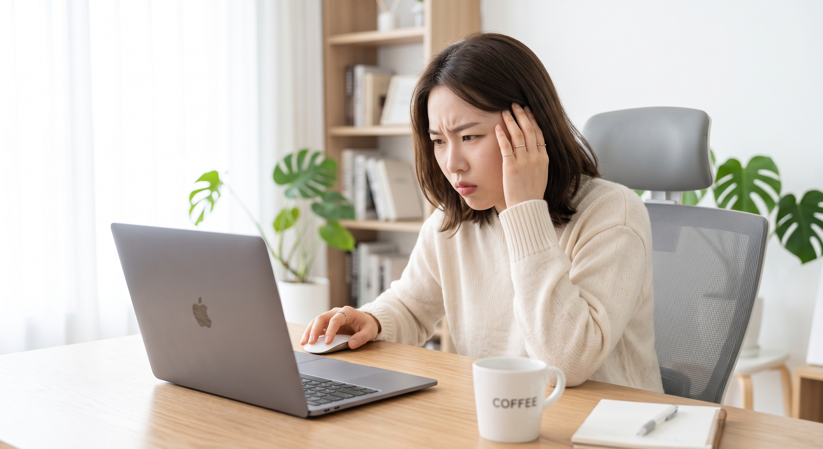 Woman with a confused expression staring at her laptop screen at an office desk.
