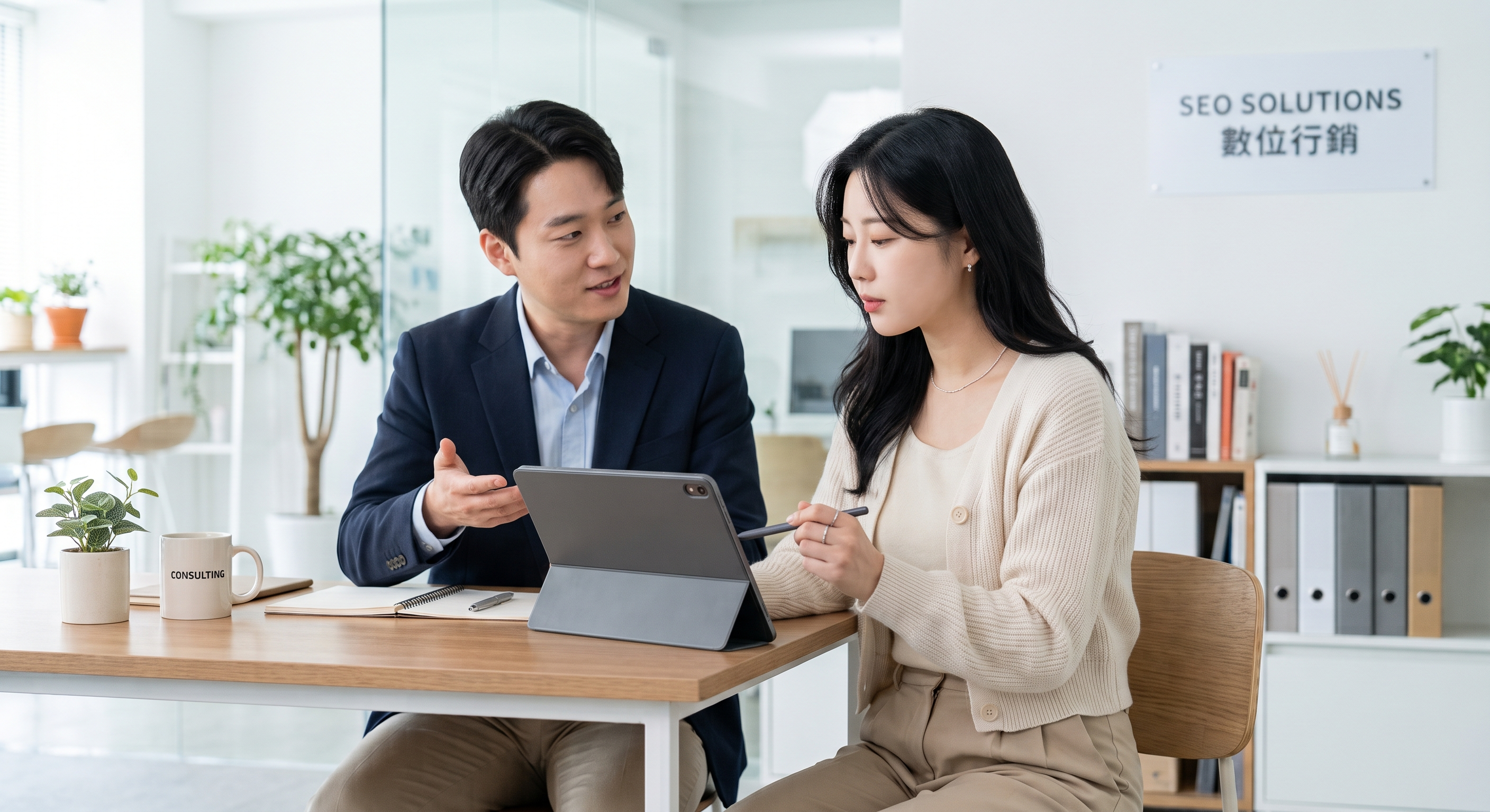 Two business professionals discussing data on a tablet in an office with an 'SEO Solutions' sign.