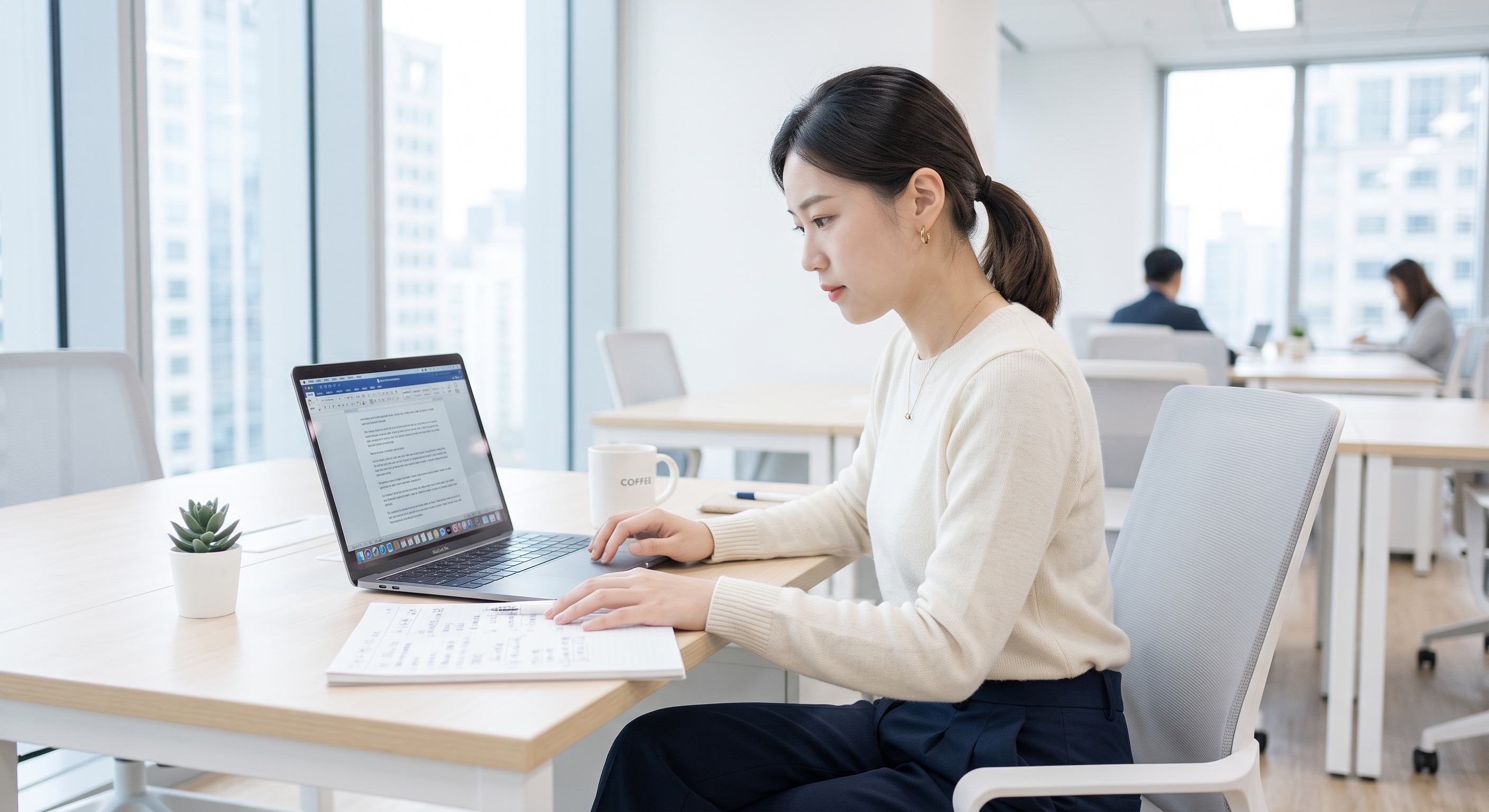 Woman working on a laptop while taking notes in a bright open-plan office.