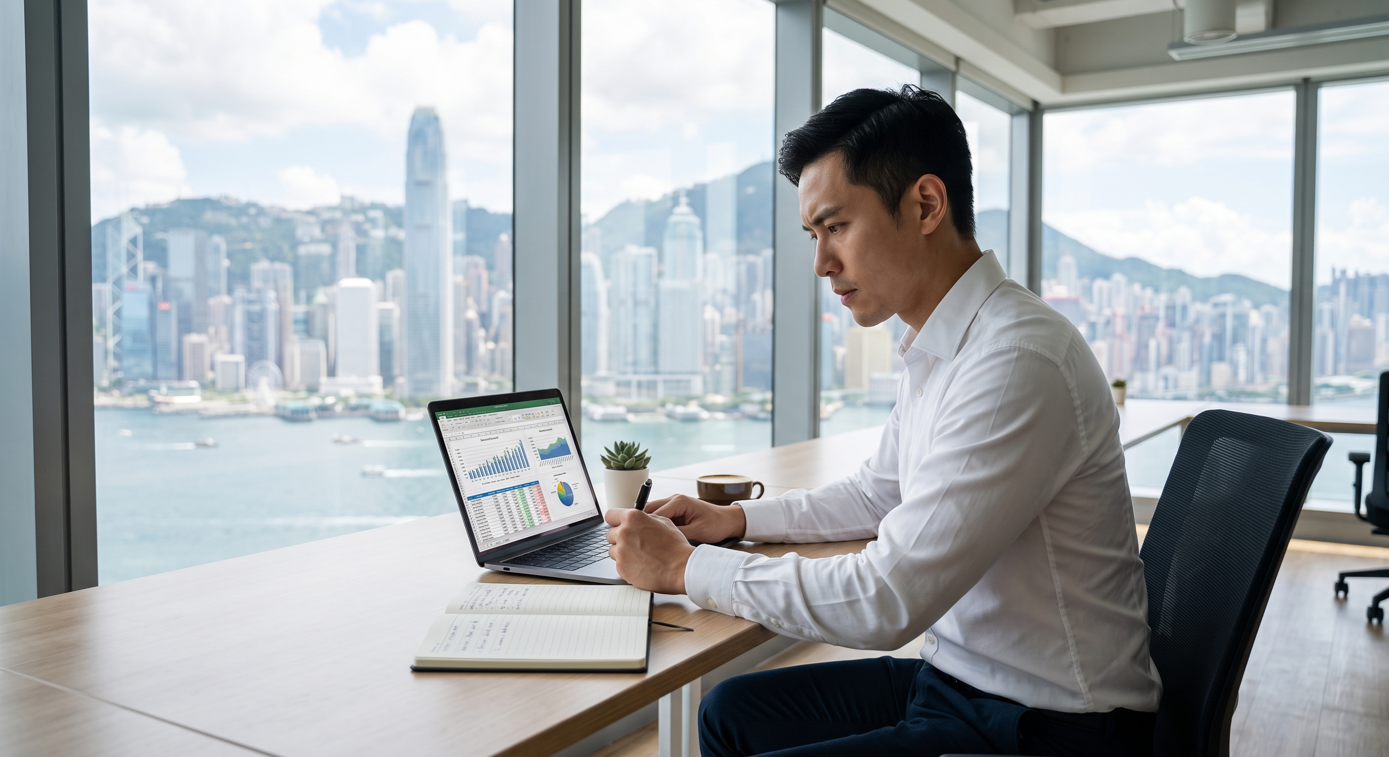 Businessman writing in a notebook while reviewing spreadsheet charts on a laptop at a desk.
