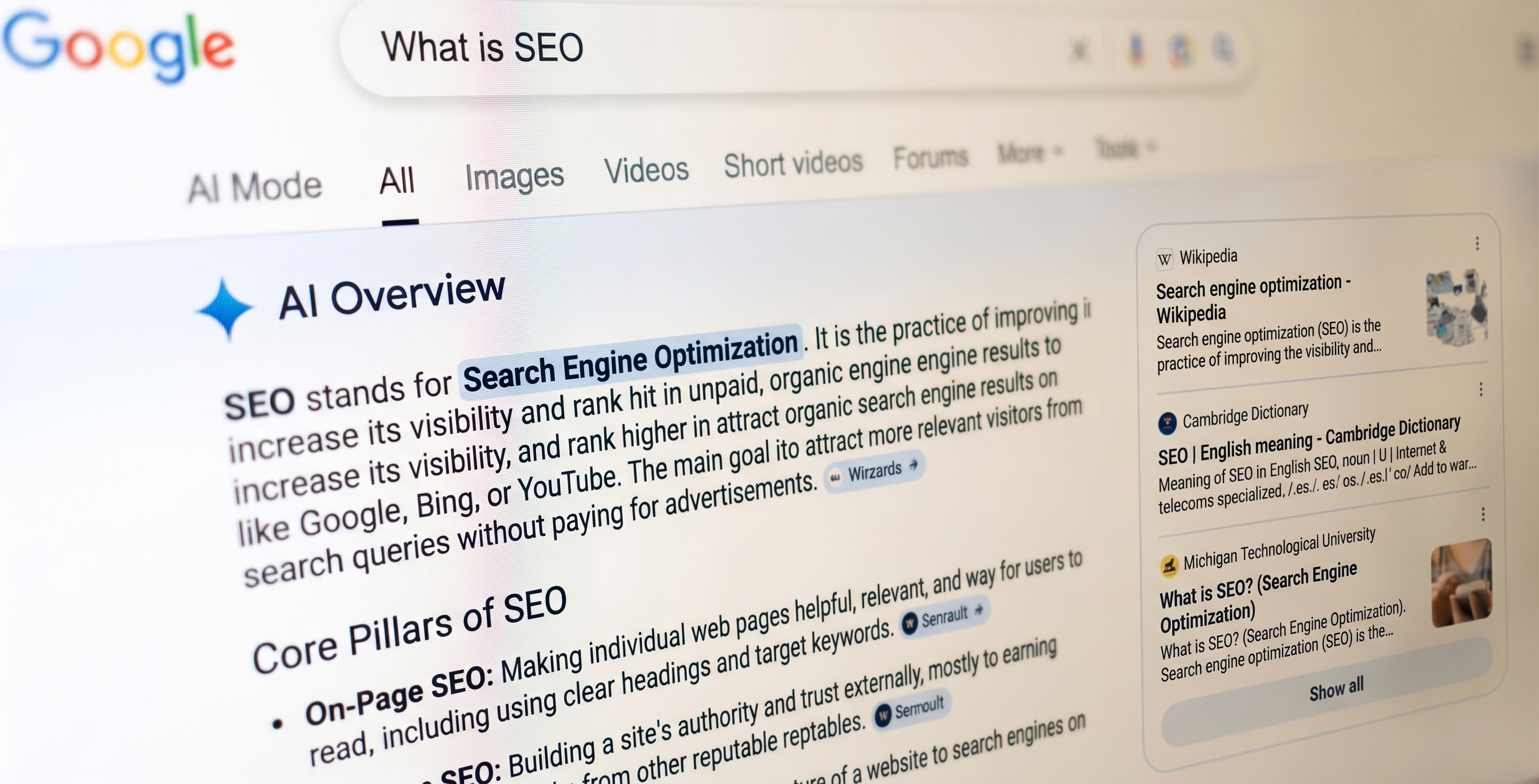 Close-up of a screen displaying Google search results for 'What is SEO' with a highlighted AI Overview section.