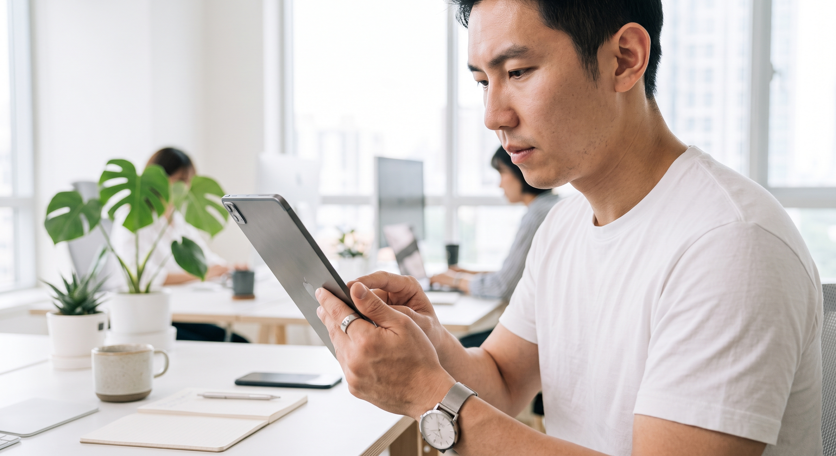 Focused worker holding and using a tablet computer at a desk.