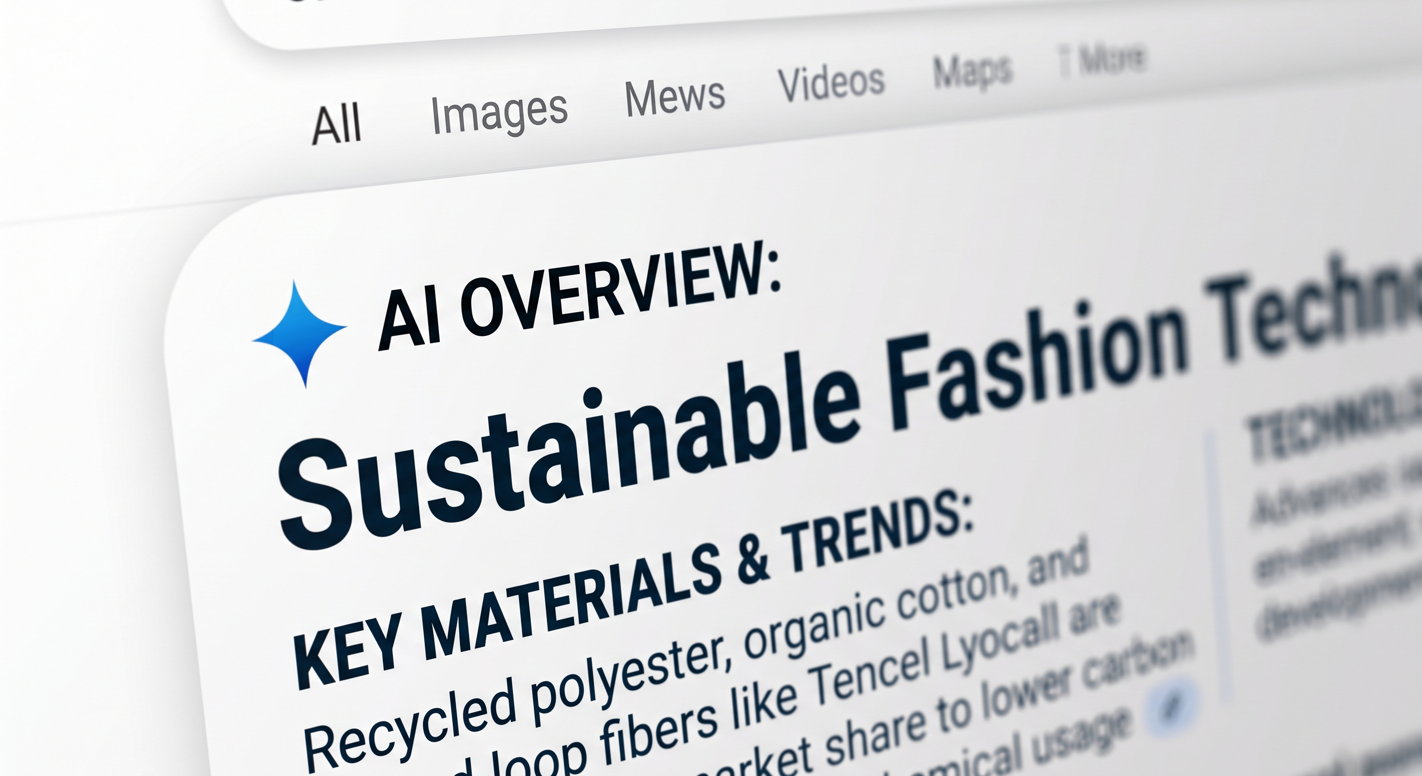 Close-up view of a computer screen displaying a Google AI Overview result snippet for sustainable fashion technology.