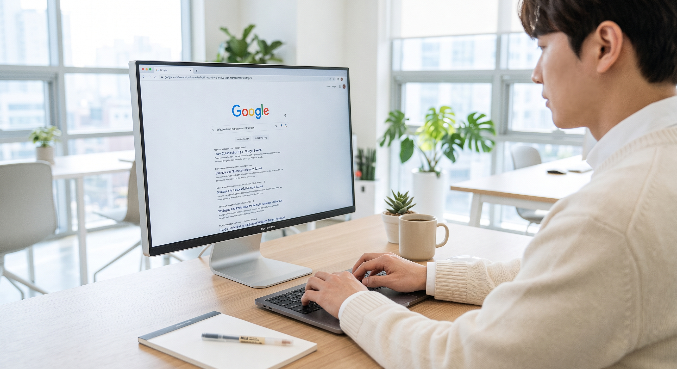 A man typing on a keyboard while looking at a desktop monitor displaying Google search results in a bright office.