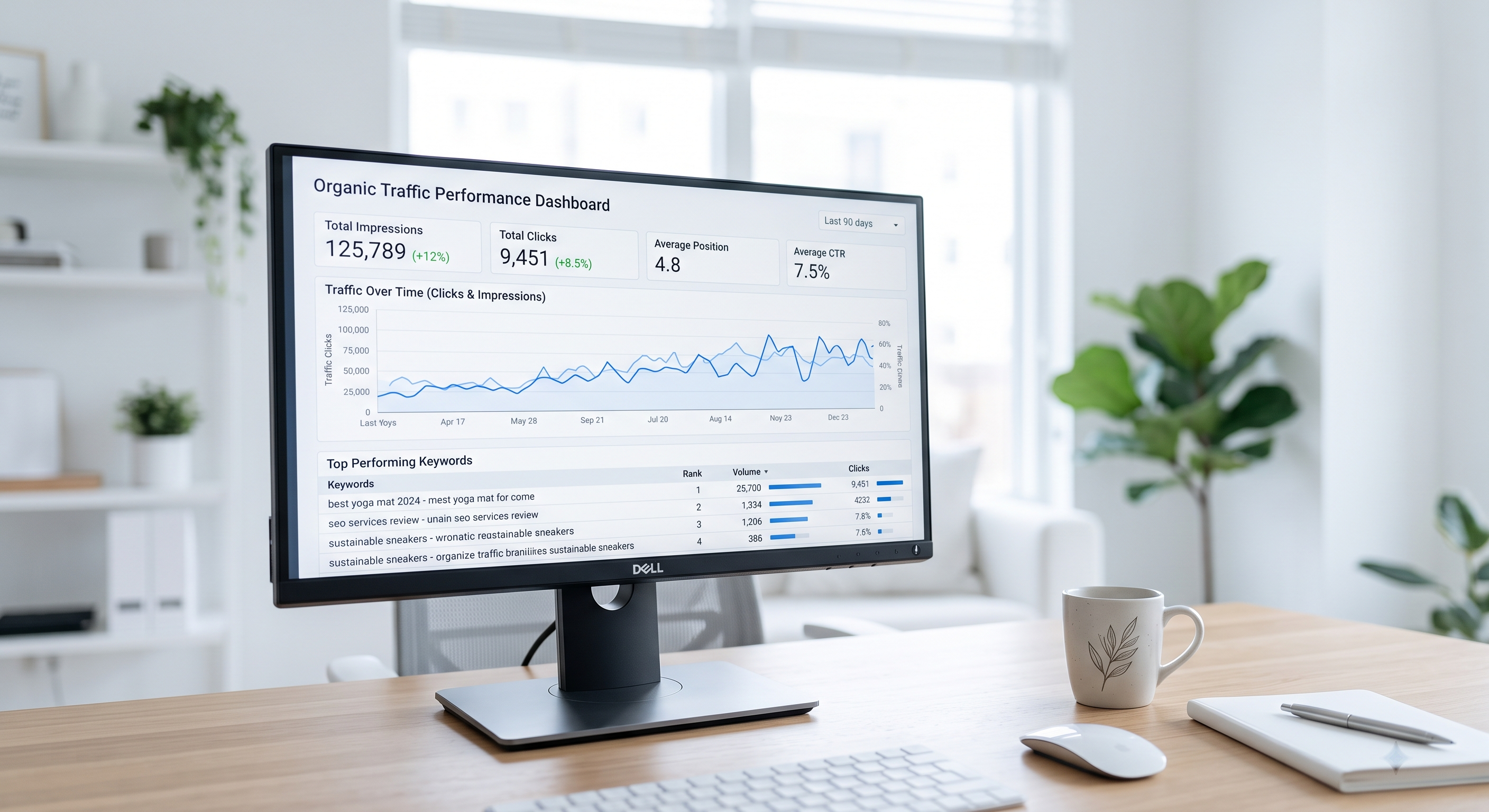 Computer monitor displaying an Organic Traffic Performance Dashboard with web analytics, line charts, and keyword performance data.