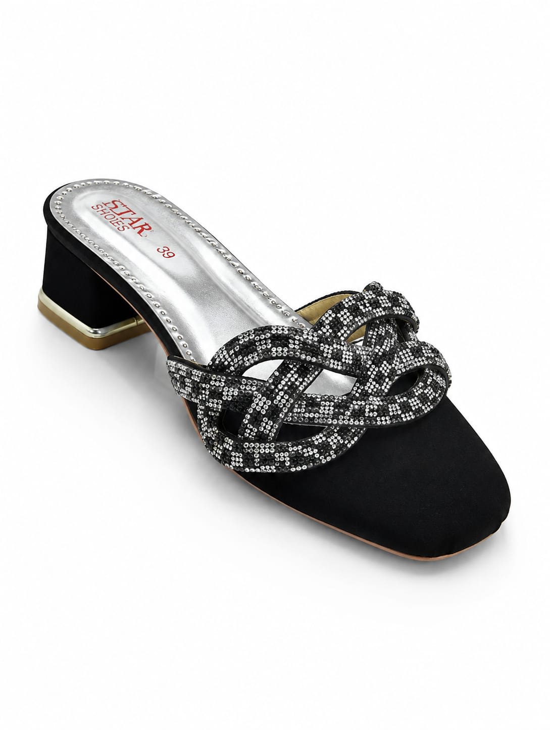 Women's Black Fancy Block Heel Slipper with Rhinestone Braided Design - Party Wear