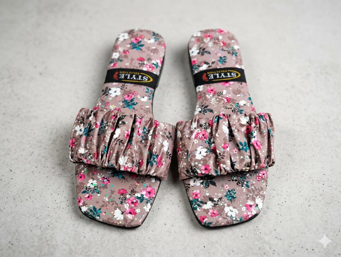 Women's Mauve Floral Ruffled Flat Slide