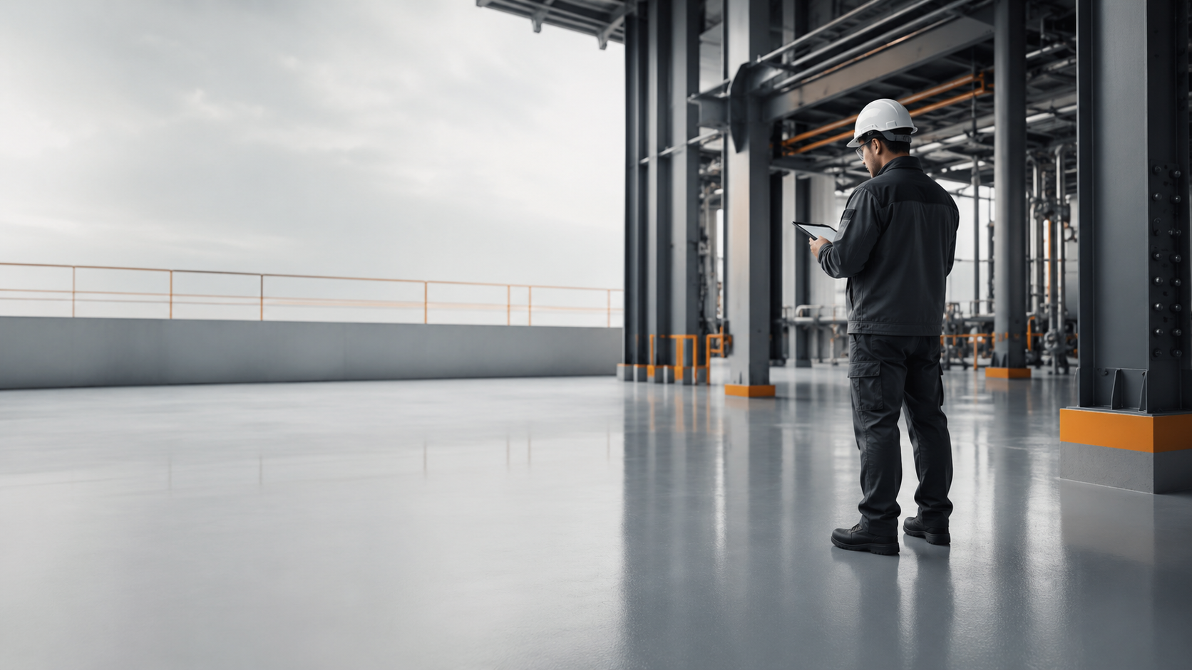 Técnico en planta industrial con piso epóxico pulido